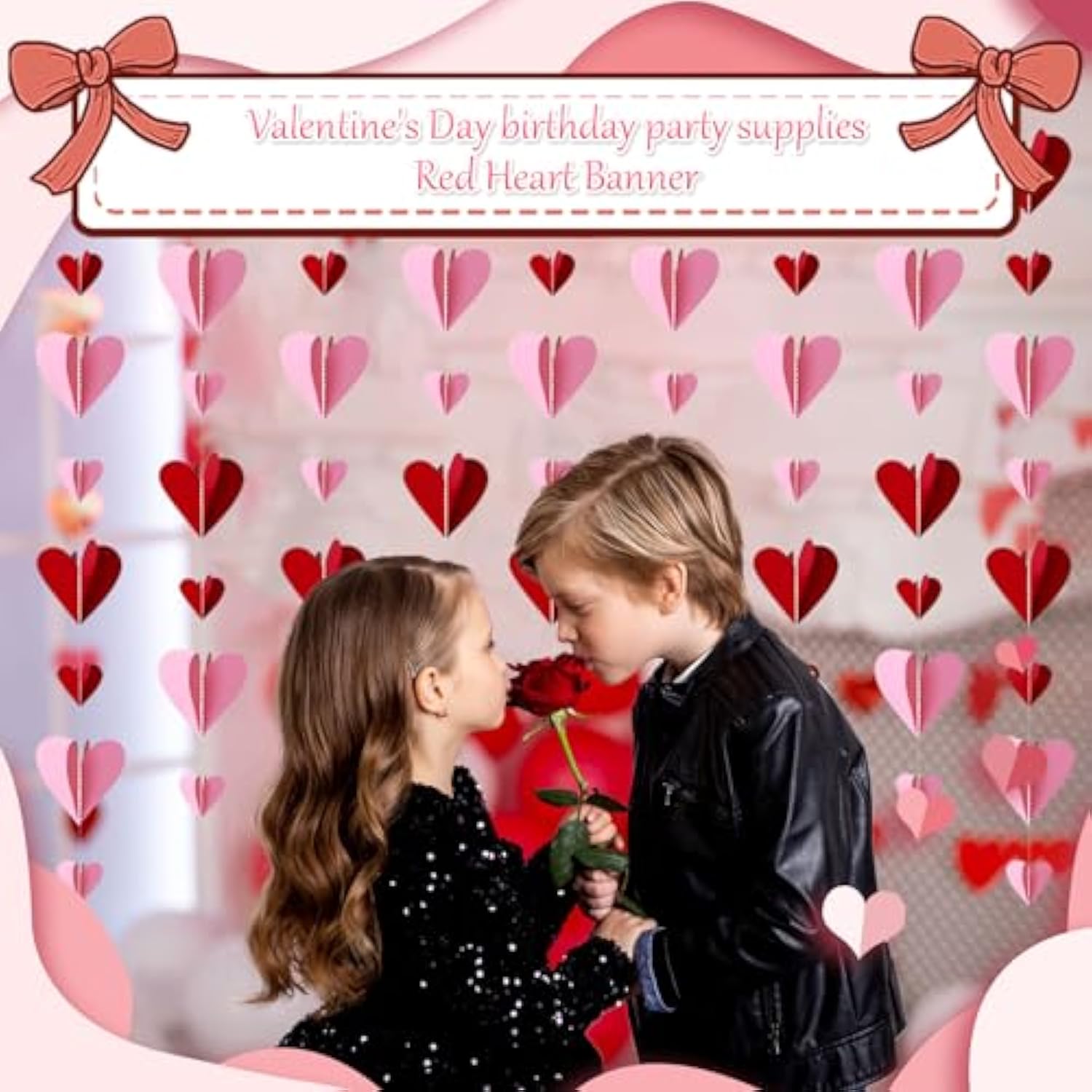 19.7Ft Valentines Day Decorations 3D Heart Garland Paper Hanging Streamers 32 Pcs Red Pink String Red Heart Shape Ornament For Valentines Anniversary Wedding Birthday Party Supplies