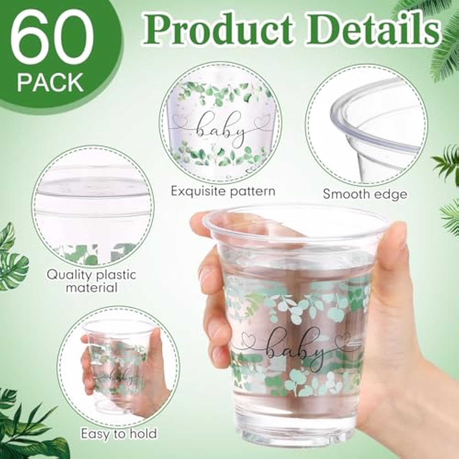 60 Pack Sage Eucalyptus Baby Shower Plastic Cups 12 Oz Sage Greenery Disposable Clear Plastic Cups For Baby Shower Birthday Boho Greenly Party Decorations Supplies