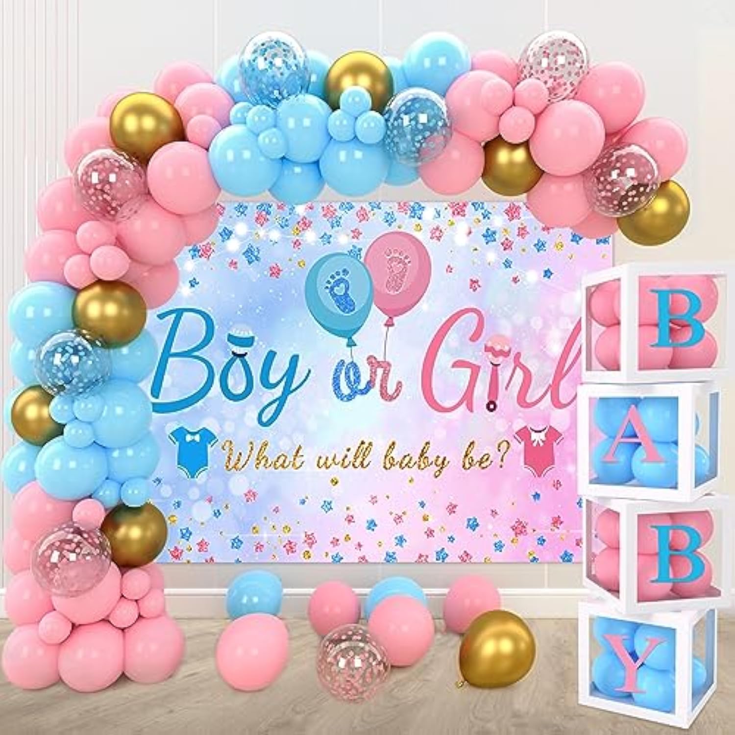 Gender Reveal Balloon Arch Kit – 141pcs Pink & Blue Balloons with 4 Boxes and Backdrop for Baby Shower
