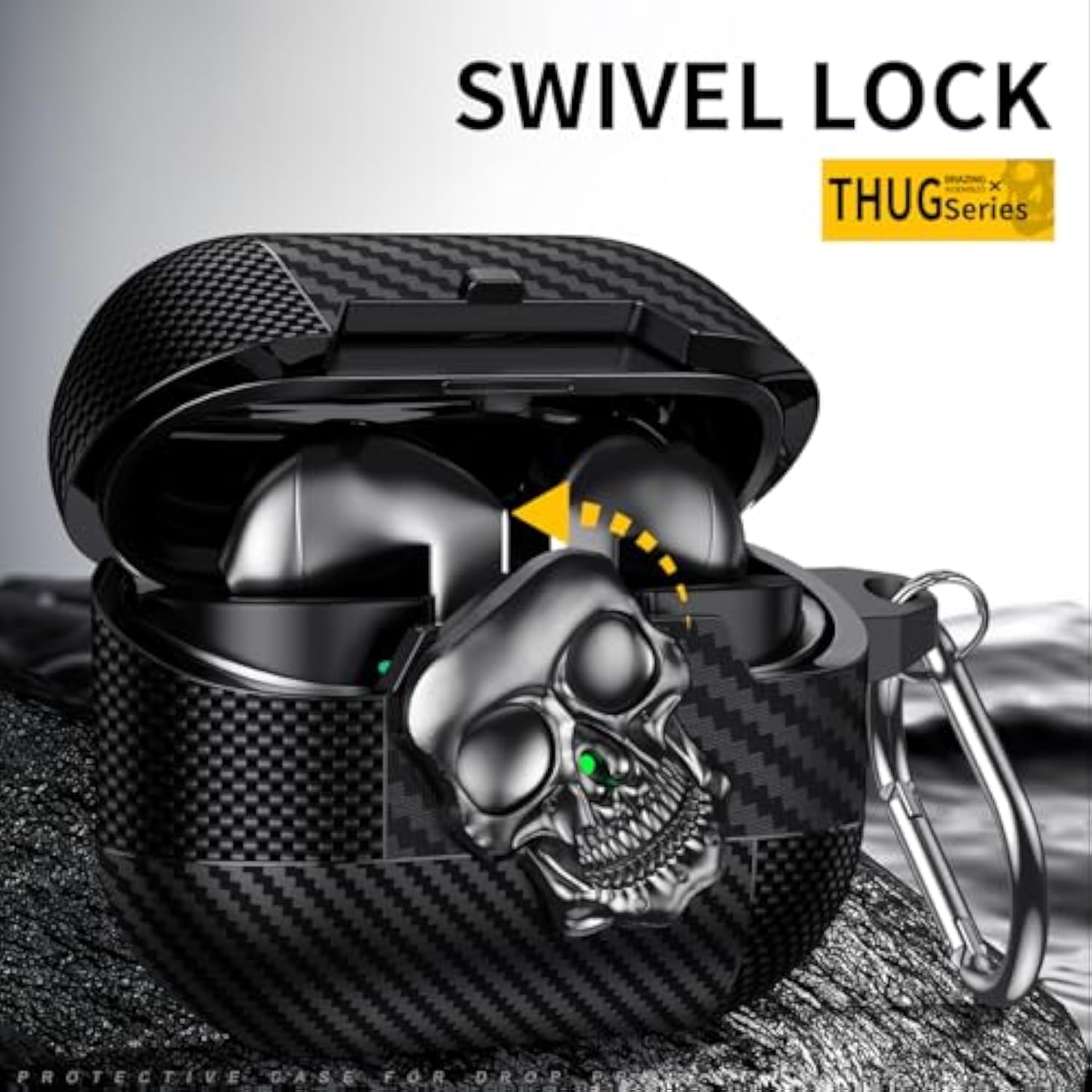For Samsung Galaxy Buds3 Pro/Galaxy Buds 3 Case With Lock, Girls Boys Funny Skull Full Body Shockproof Hard Shell Cover With Carabiner Keychain For Galaxy Buds3 Pro Skull Black