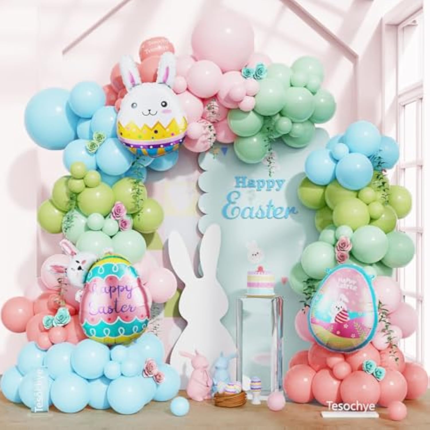 148Pcs Easter Pastel Balloon Garland Arch Kit, Pastel Pink Light Blue Green Balloons With Bunny Rabbit Egg Foil Balloons For Easter Birthday Party Bunny Hunt Spring Baby Shower Decorations