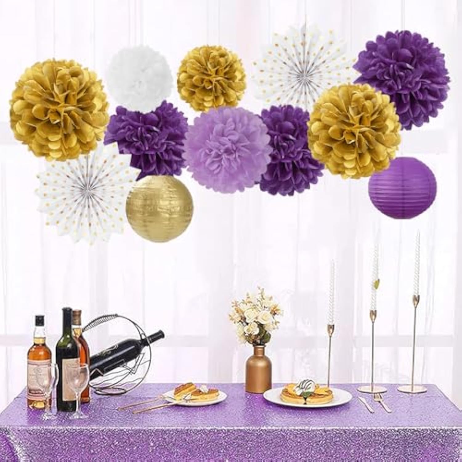 Purple-Lavender White Gold Party Decorations - 20Pcs Graduation Birthday Paper Lanterns Fans,Tissue Pom Poms,Honeycomb Balls,Baby Shower Bridal Wedding Bachelorette Valentines Day Decor