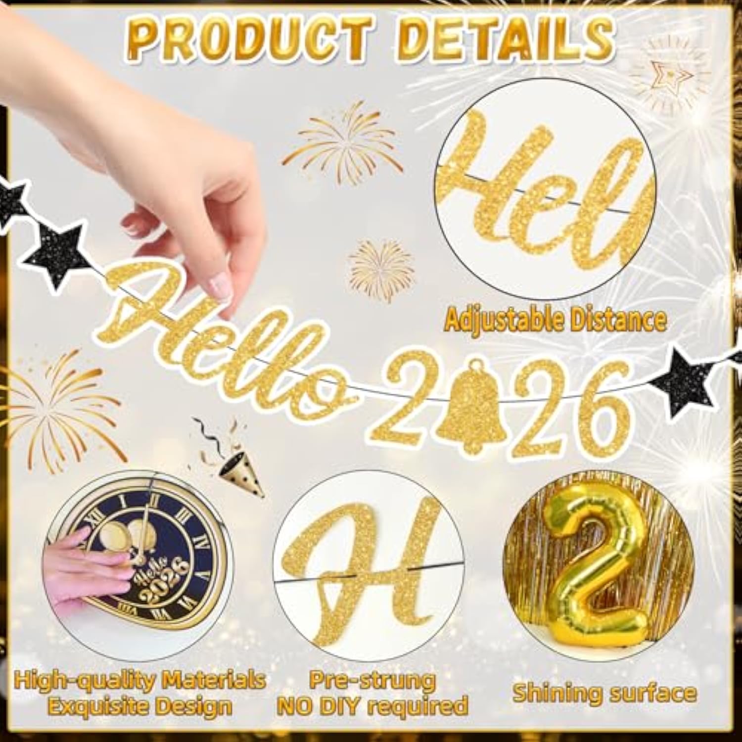 Pre-Strung Hello 2026 Happy New Year Banner with Gold Balloons Party Decor