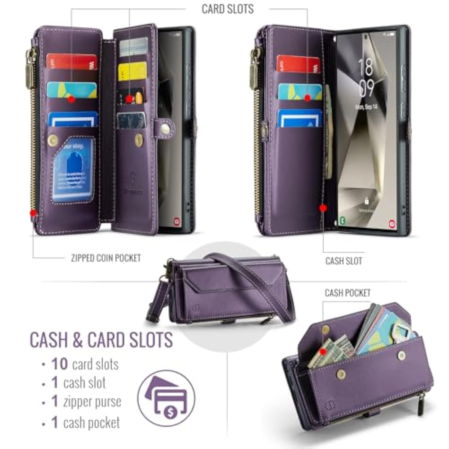 Wallet Case Compatible With Samsung Galaxy S24 Ultra 5G Rfid Blocking 10-Card Holder Soft Pu Leather Magnetic Snap Strap Zipper Pocket Phone Case Fit For Galaxy S24 Ultra - Purple