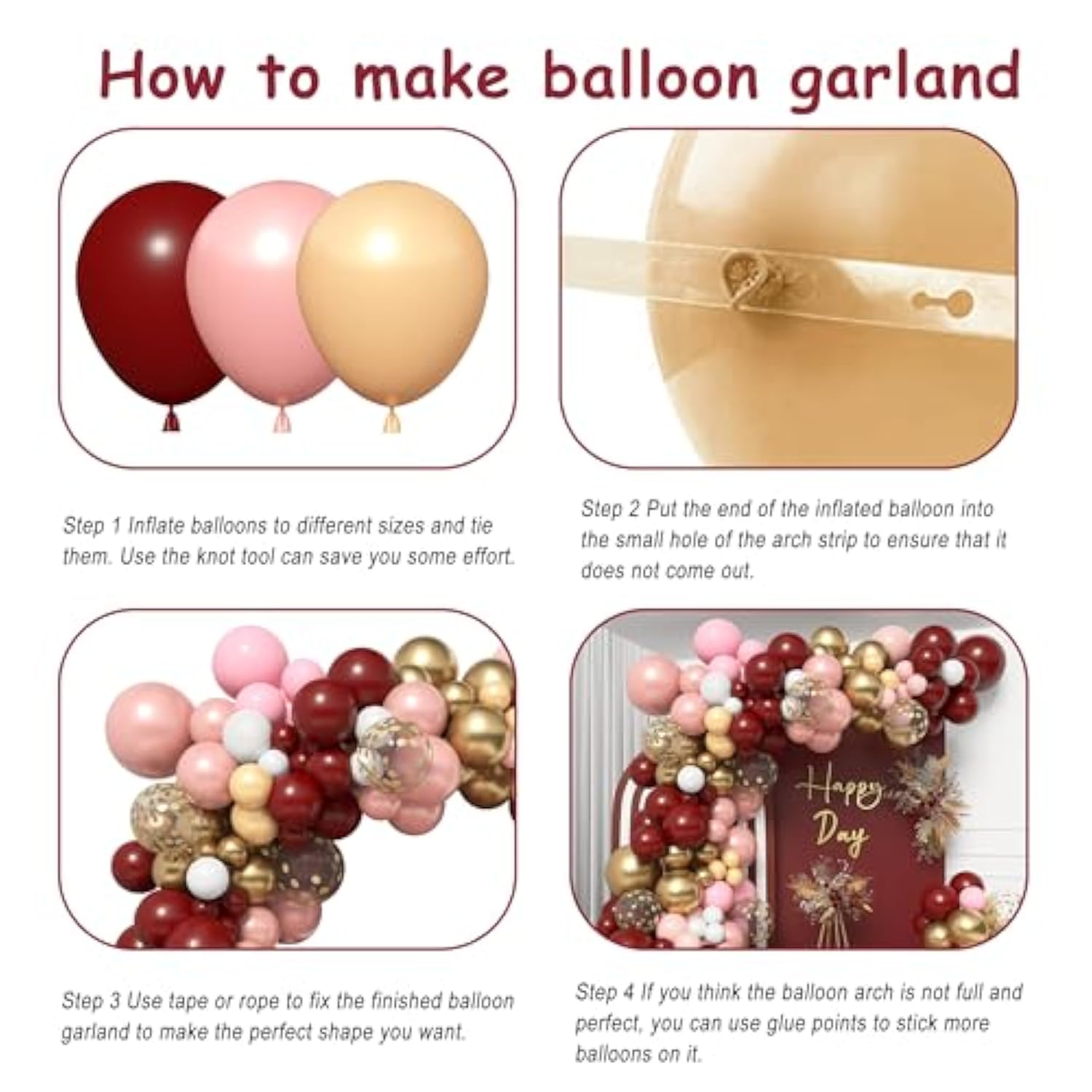Burgundy Pink Balloons Garland Arch Kit Maroon Rose Gold Champagne Gold Confetti Metallic Balloons For Women Birthday Bridal Baby Shower Wedding Wine Party Decorations With 4 Tools