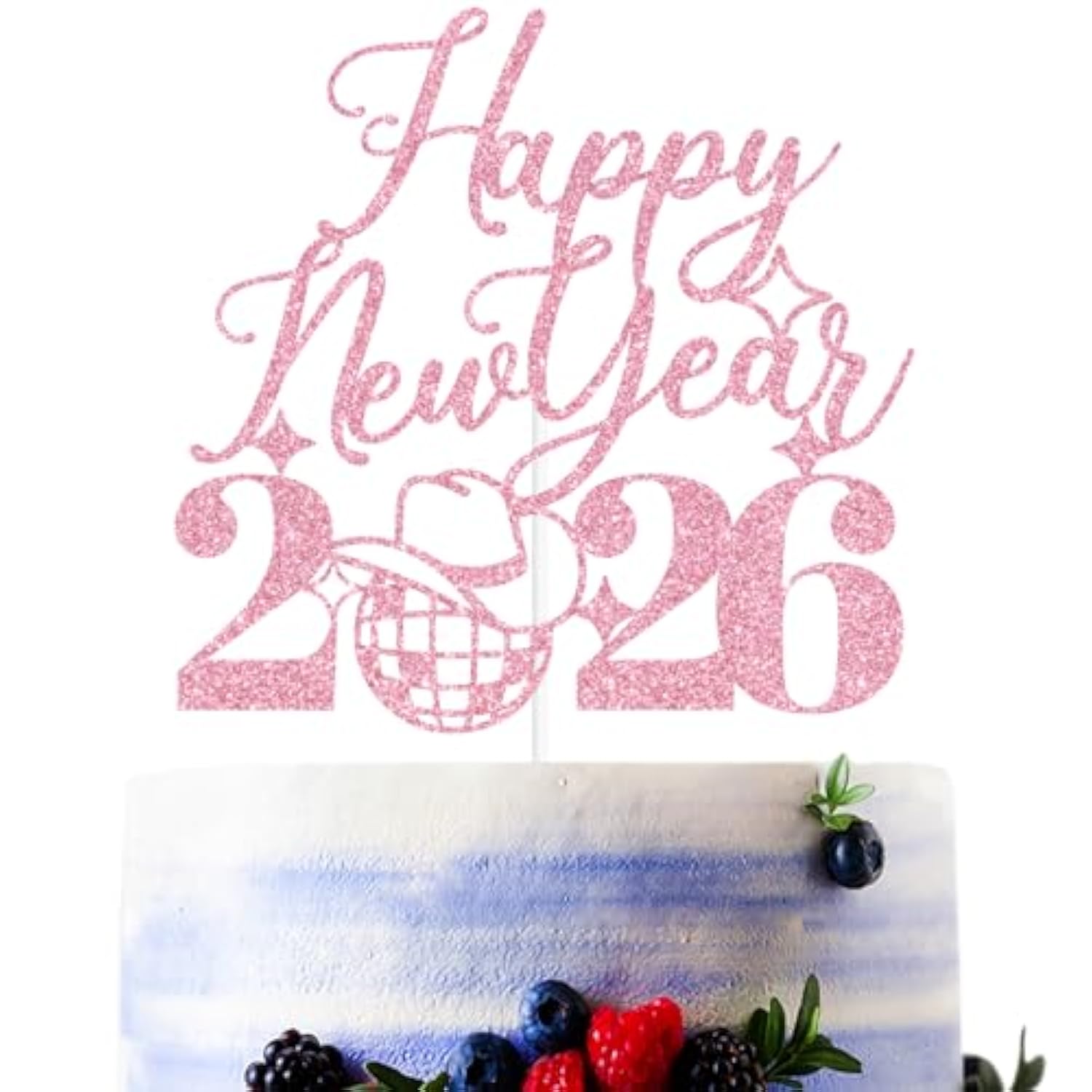 Pink Glitter Happy New Year 2026 Cake Topper Party Decor