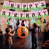 3Pcs Pre-Strung Wicked Happy Birthday Banner Pink And Green Paper Garland For Halloween Witch Theme Party Decorations