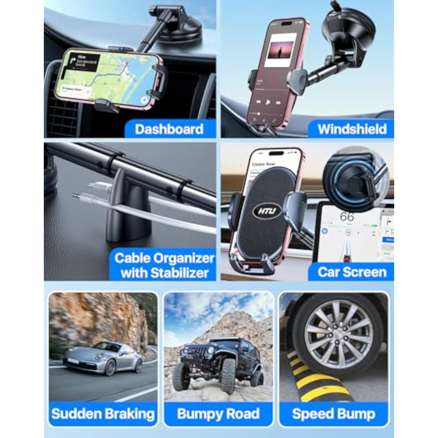 Military-Grade Suction Phone Holder, 360° Rotating Car Mount for iPhone/Samsung