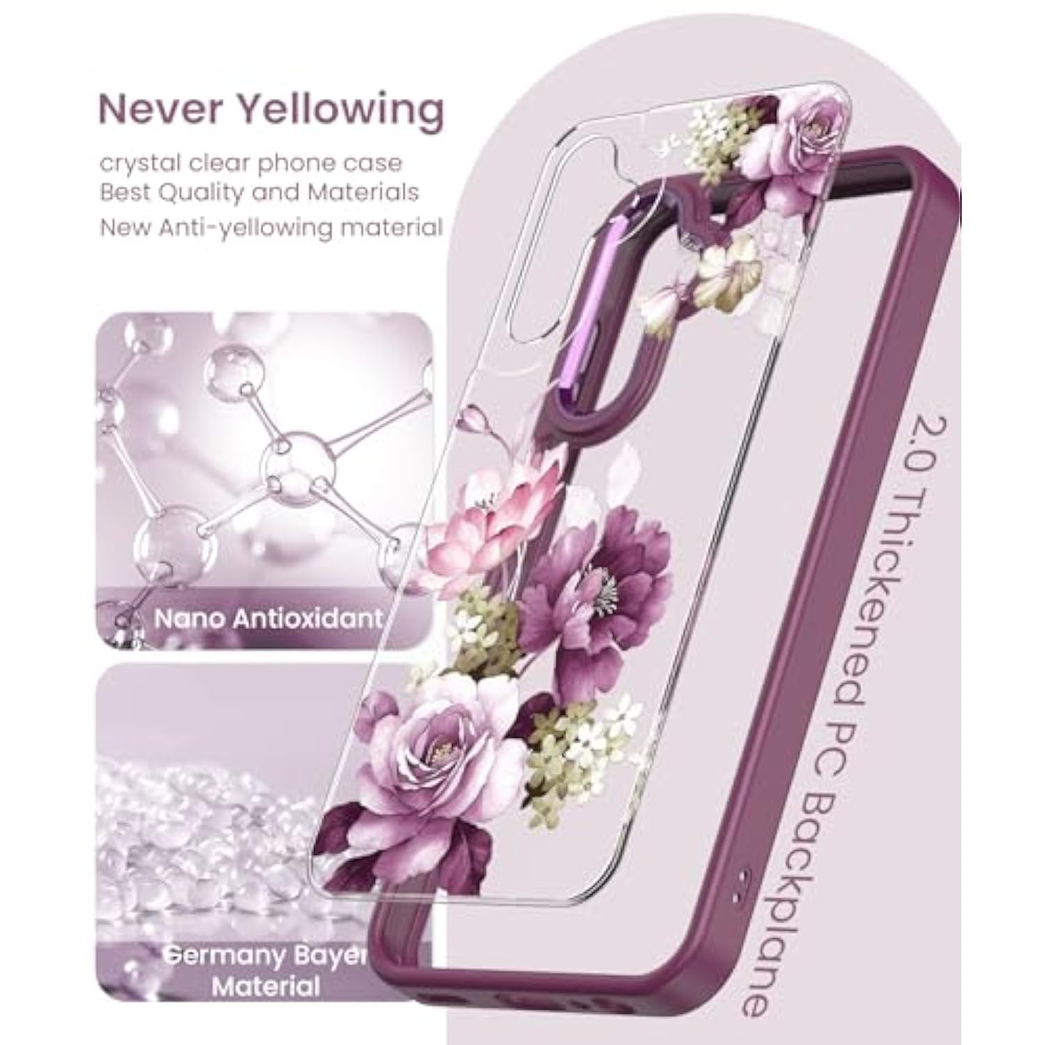 For Samsung Galaxy A25 5G Case+Tempered Glass Screen Protector,Military Grade Protective Slim Soft Tpu & Hard Pc,Girls Women Crystal Clear Flower Pattern Case Cover For A25 5G-Purple