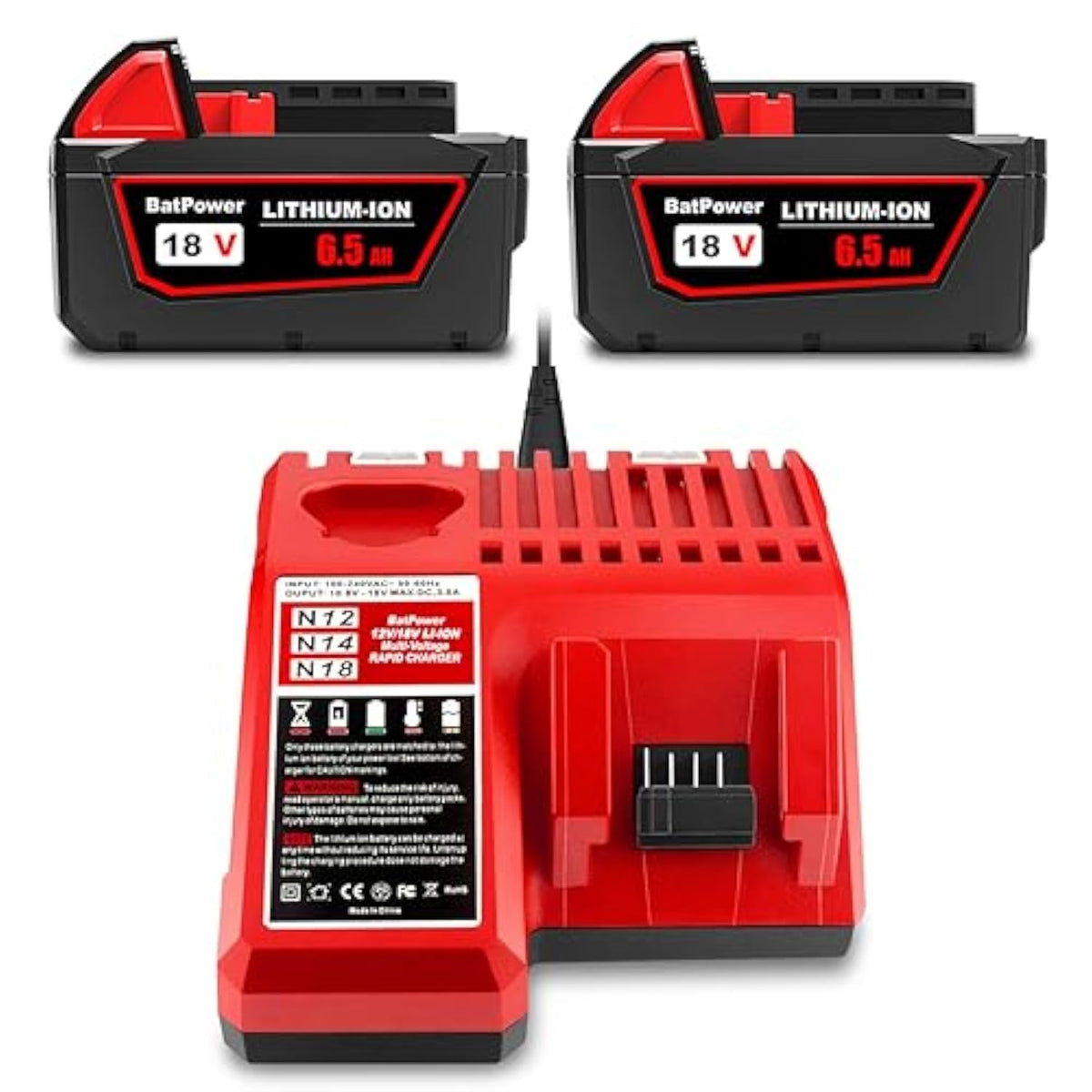 2 Pack 18V 6.5Ah 48-11-1862 Extended Capacity Battery With Charger Combo Replacement For Milwaukee 18V M18 Battery And Charger Kit 48-59-1812 Xc 6.0 Ah 48-11-1865 18V Battery And Charger