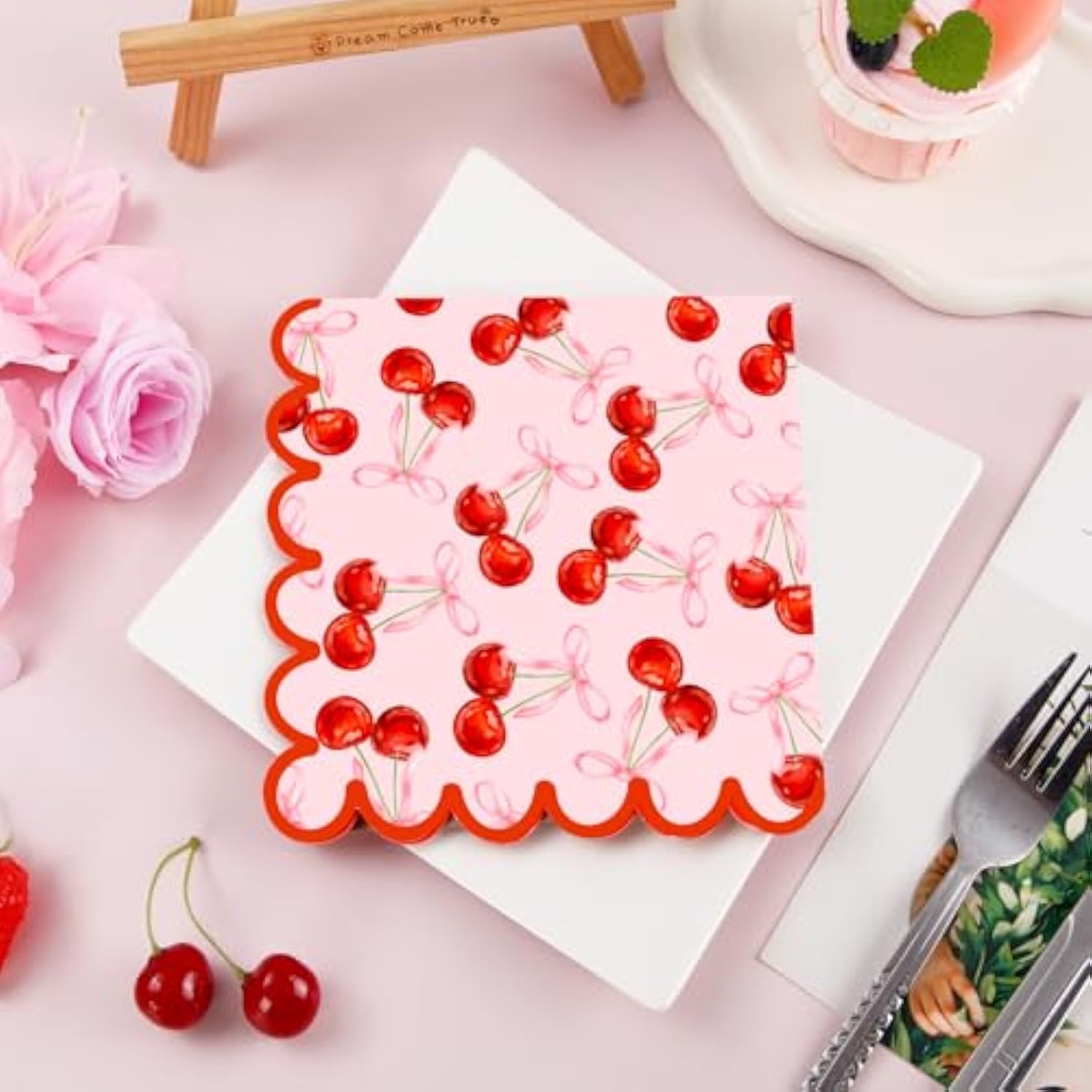 50Pcs Pink Bow Cherry Napkins Cherry Party Decorations Coquette Cute Scalloped Edge Paper Luncheon Dinner Napkins For Wedding Birthday Party Table Supplies