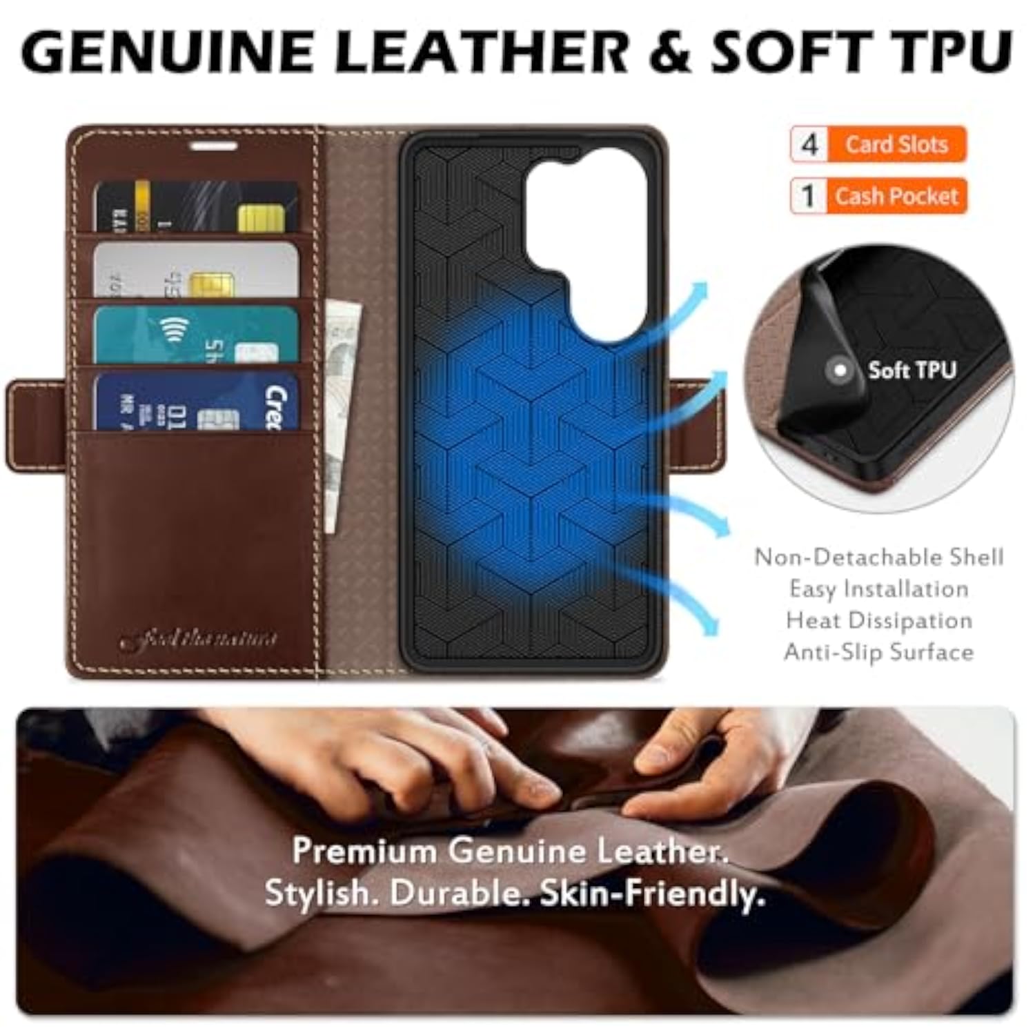SHIELDON Genuine Leather Wallet Case for Samsung Galaxy S26 Ultra 6.9" Retro Coffee