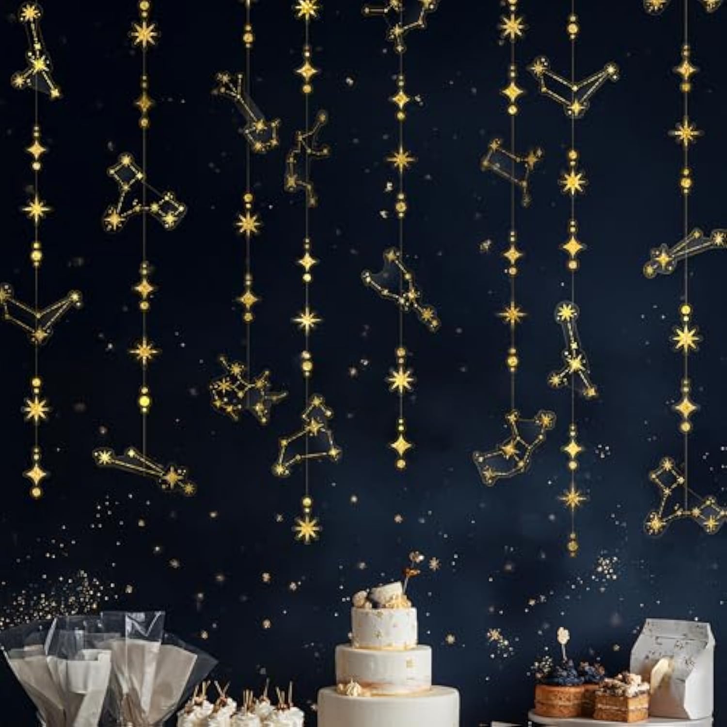 Glitter Celestial Party Decorations Constellation Birthday Decoration Star Garlands Witchy Backdrop Astrology Decor Zodiac Theme Banner Hanging Stars Streamer Galaxy Party Suppplies (Gold)