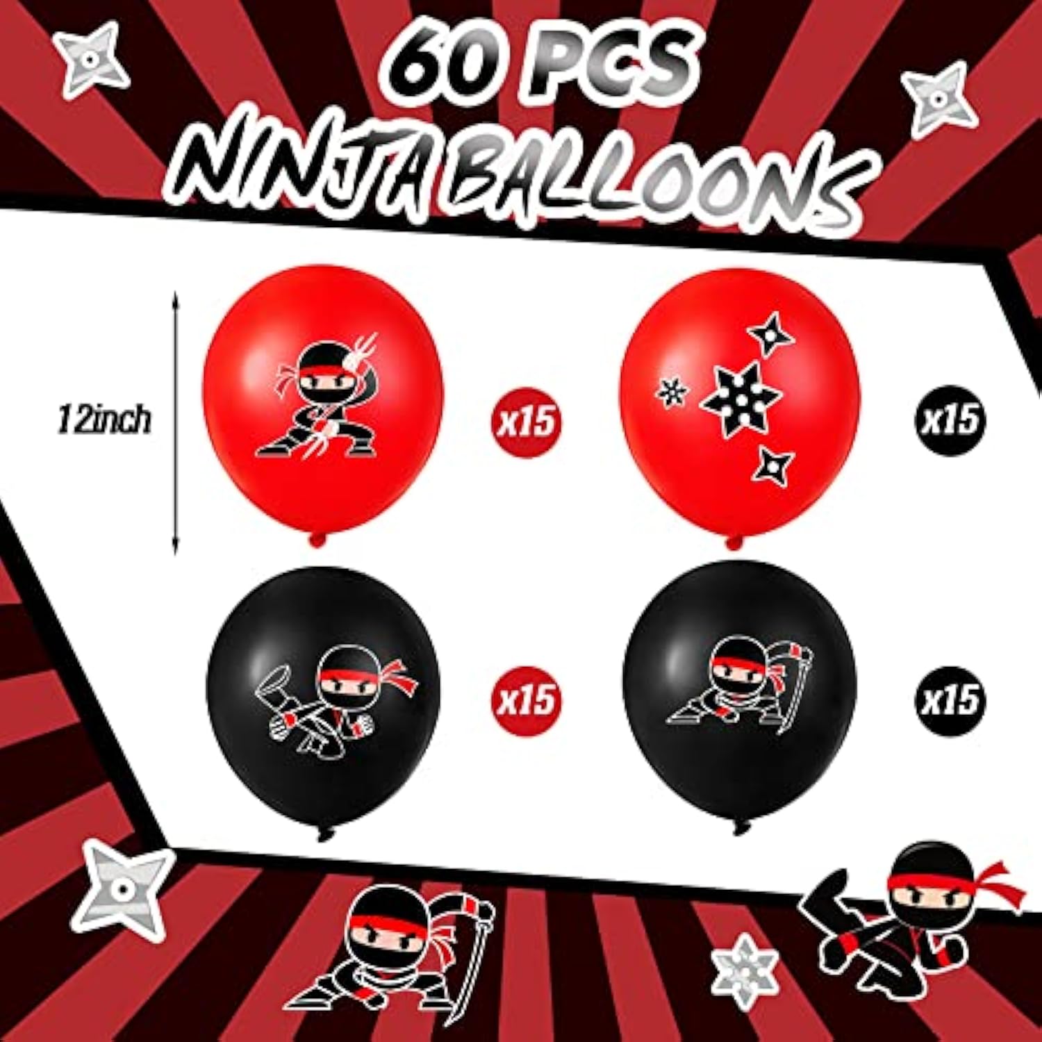 60 Pcs Red/Black Ninja Latex Balloons: Kid's Birthday Party & Baby Shower Decor