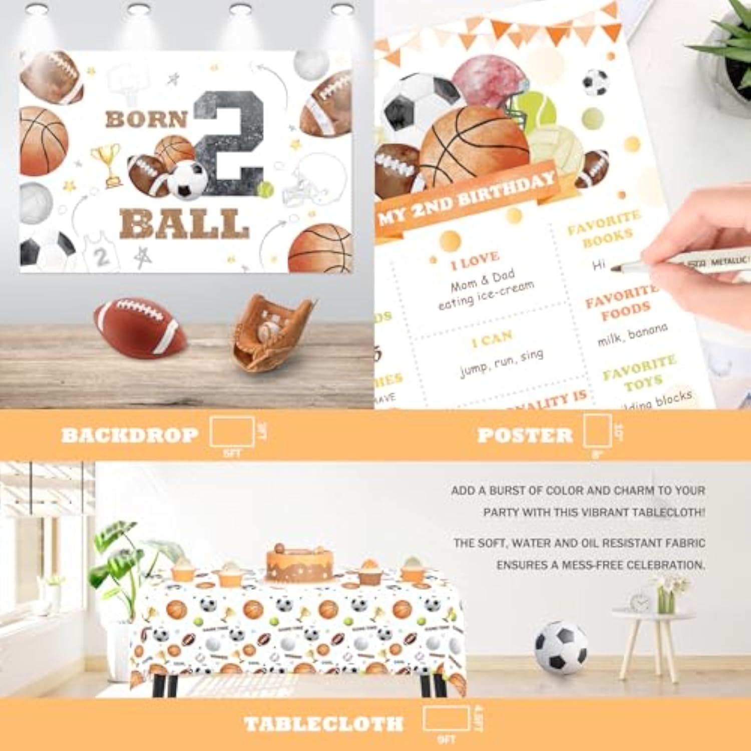 Born 2 Ball Birthday Decorations, 2Nd Birthday Decorations For Boys, Sports Theme Backdrop Balloon Banner Box Tablecloth For Basketball Football Soccer 2 Year Old Birthday Party Supplies