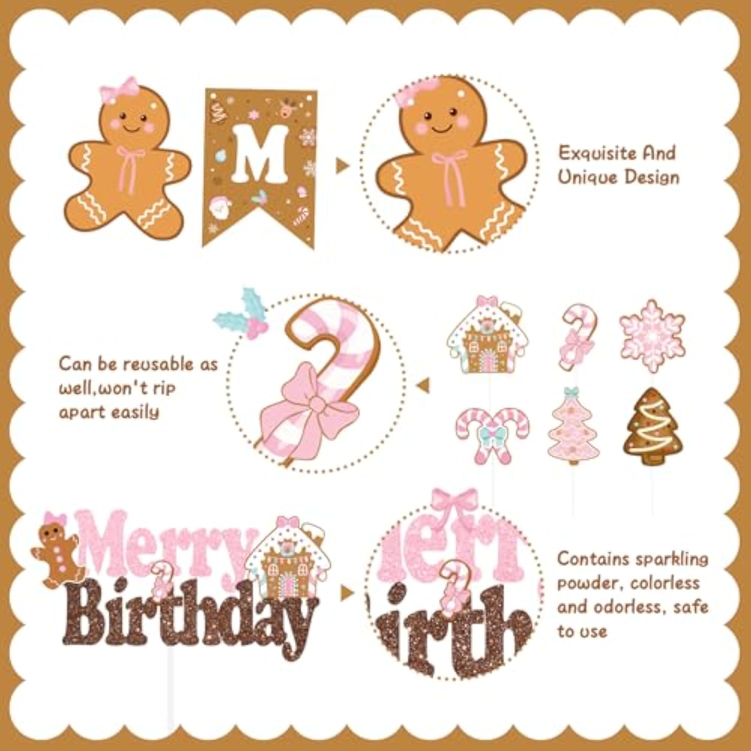 Brown Christmas Birthday Decorations,Cute Gingerbread Man Theme Merry Birthday Banner Gingerbread House Cake Topper Latex Balloons For Christmas Birthday Boys Girls