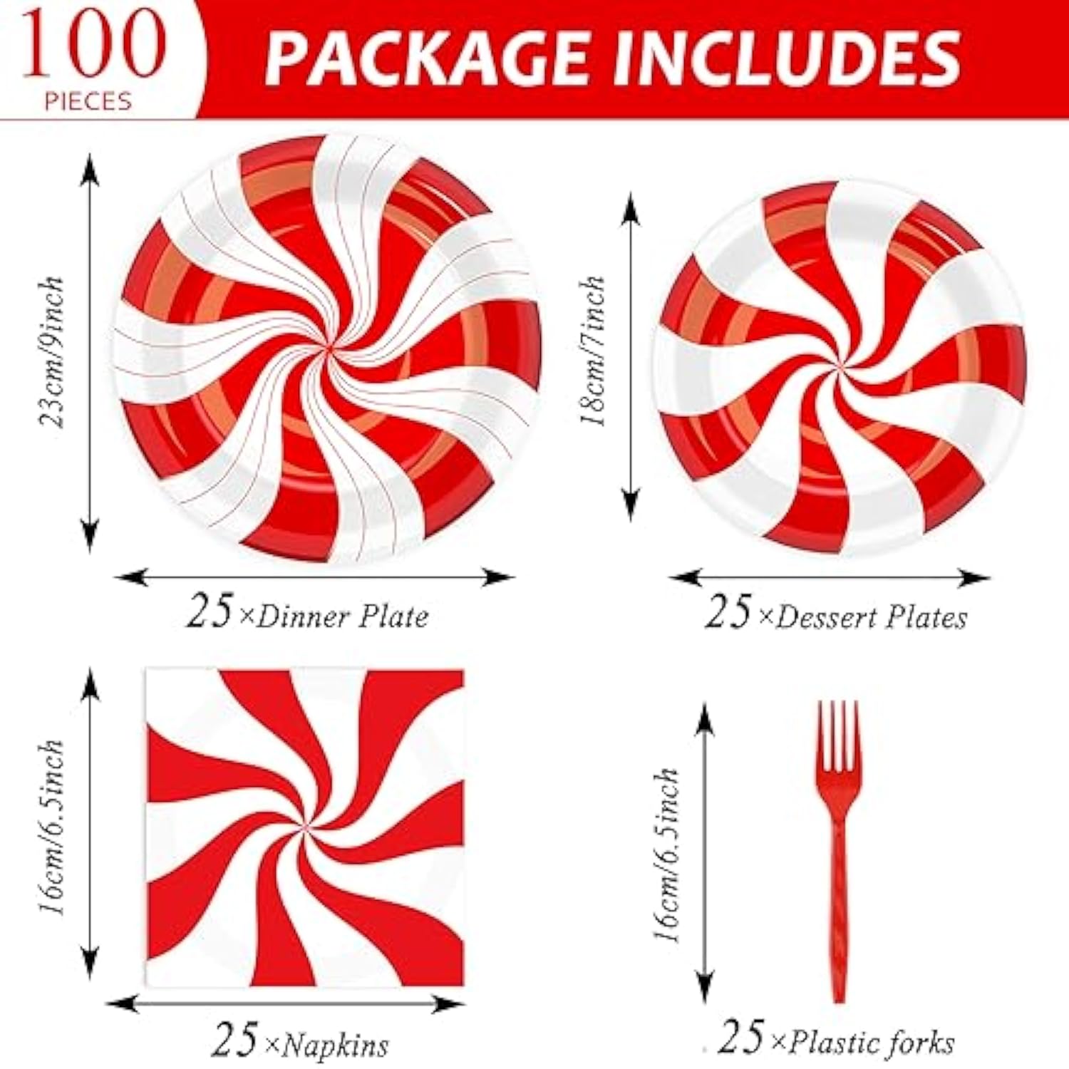 100Pcs Christmas Candy Cane Party Plates And Napkins Party Supplies Peppermint Party Tableware Set Red And White Striped Christmas Winter Party Decor Favors For Holiday Xmas Theme Party Serves 25