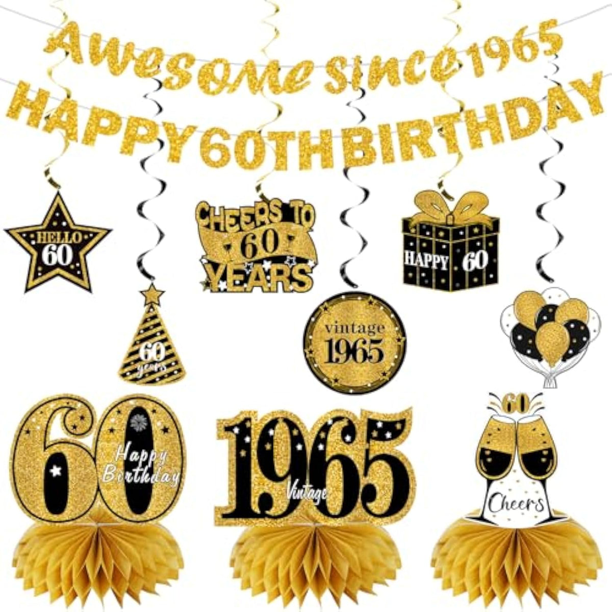 11-Pc Black & Gold 60th Birthday Décor Kit with Banners & Centerpieces