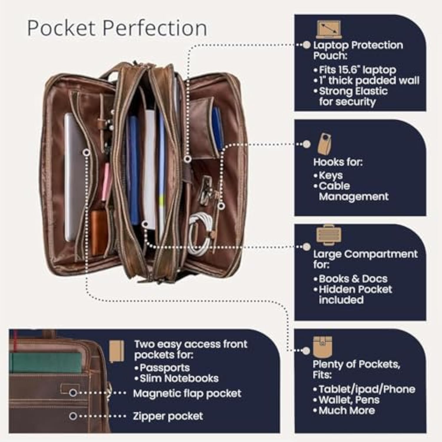 Full Grain Leather Briefcase For Men, Top Choice Gifts, Handcrafted Laptop Bag With Multiple Compartments And Brass Hardware, Fits 15.6 Inch Laptop