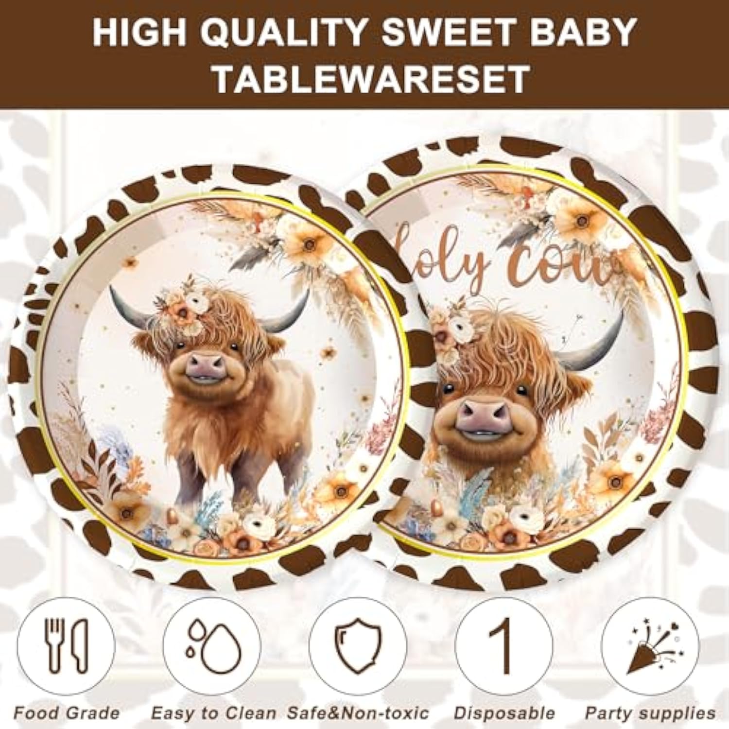 120Pcs Boho Highland Cow Party Supplies For Boys Girls Holy Cow Highland Themed Baby Shower Birthday Party Decorations Tableware Set Plates Napkins Cups Set For 20 Guests
