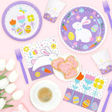 Bunny birthday Party Supplies Bunny Hop Disposable Tableware Set 9" Paper Plates 7" Dessert Plates 3 Ply Luncheon Napkins Cups Forks for Kids Rabbit Hop Party Spring Decorations, Serve 24