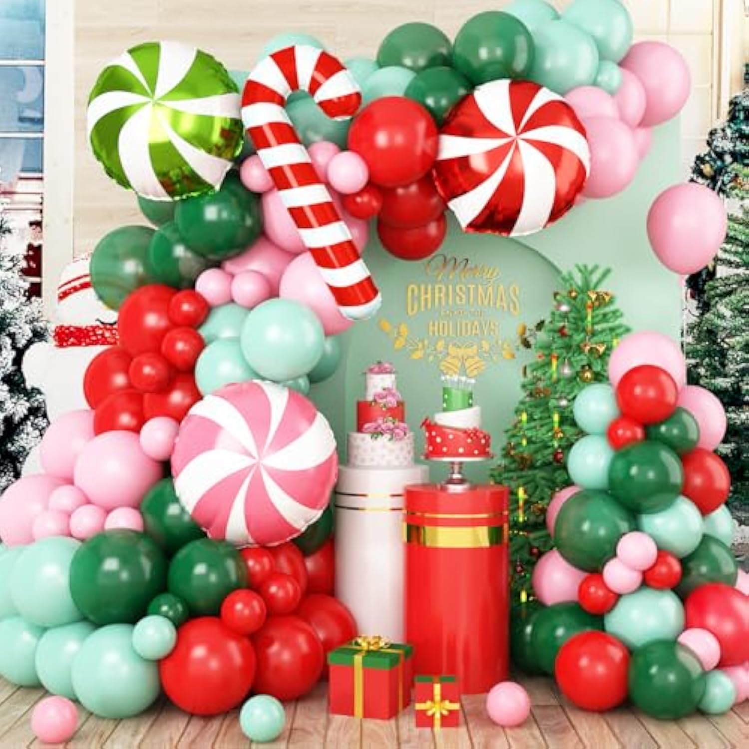 Christmas Balloon Garland Arch Kit, 120 Pcs Red Green Pink Balloon Arch Kit With Xmas Candy Cane Elk Candy Foil Balloons Perfect For Xmas Christmas Holiday New Year Birthday Party Supply Decorations