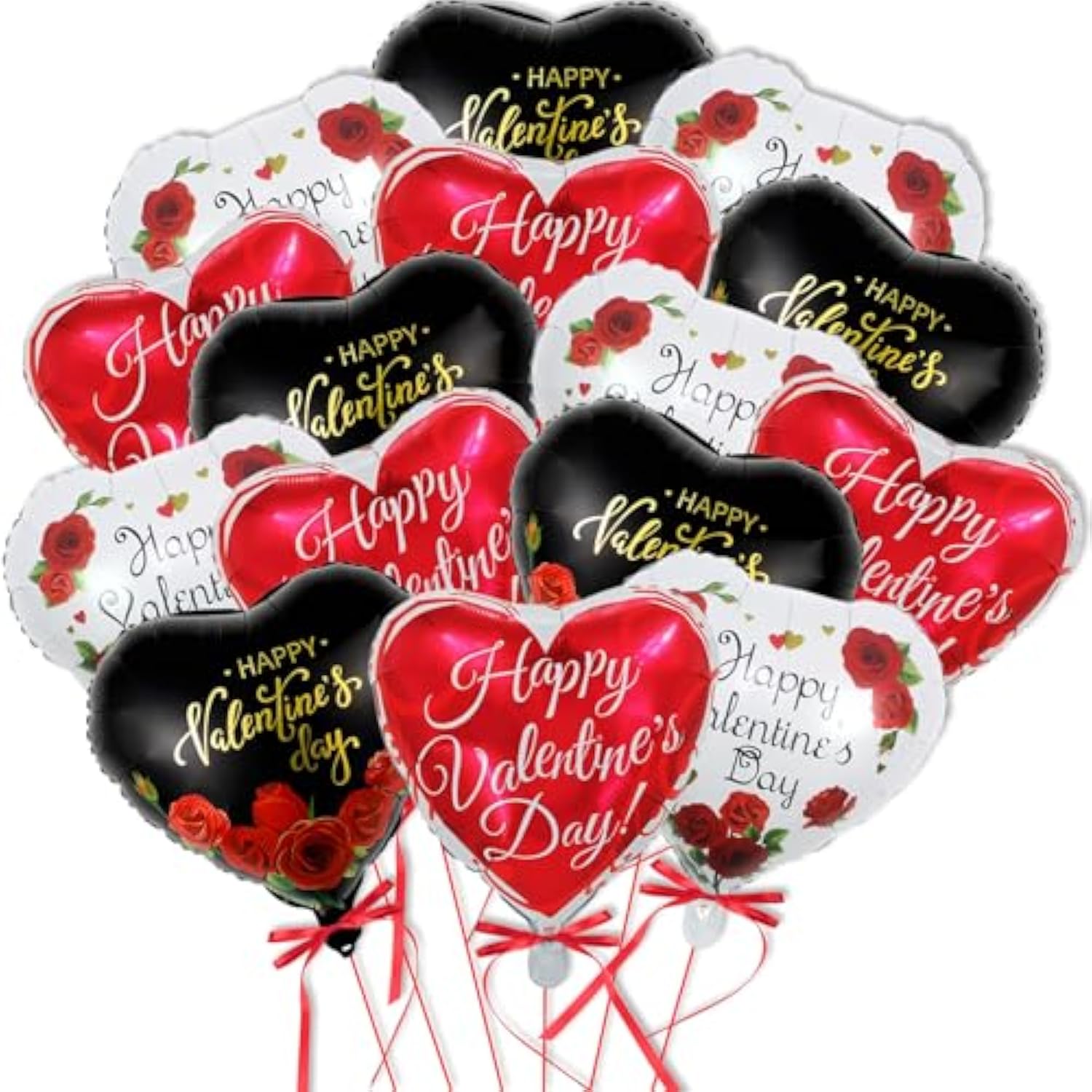 Happy Valentines Day Balloons - 15 Pcs Black White Red Heart Balloons For Valentines Day Decorations, 18 Inch Heart Shaped Balloons For Valentines Foil Balloons, Valentines Day Party Decorations