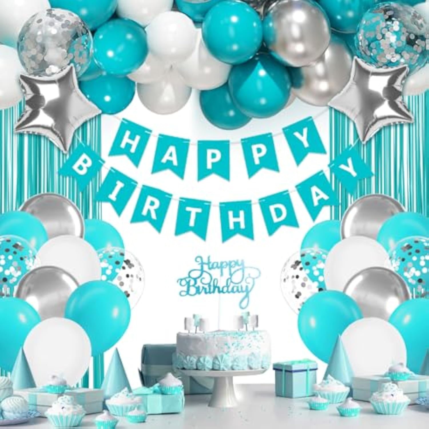 Teal Birthday Decoration Set with Balloons, Banner & Fringe Curtains for Women