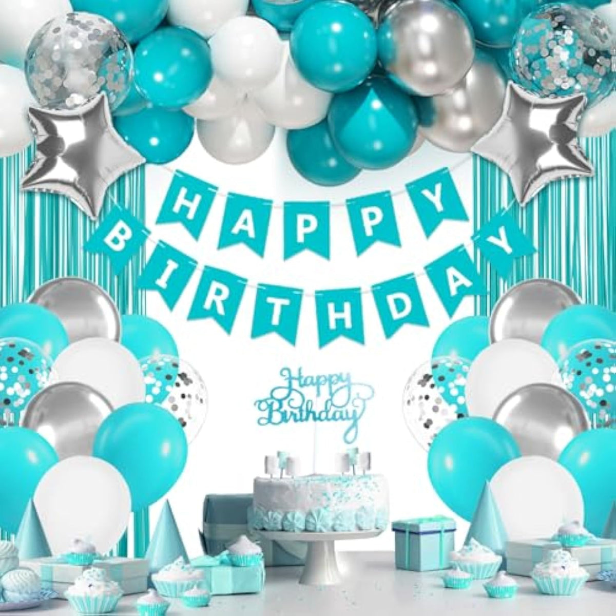 Teal Birthday Decoration Set with Balloons, Banner & Fringe Curtains for Women
