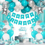Teal Birthday Decoration Set with Balloons, Banner & Fringe Curtains for Women
