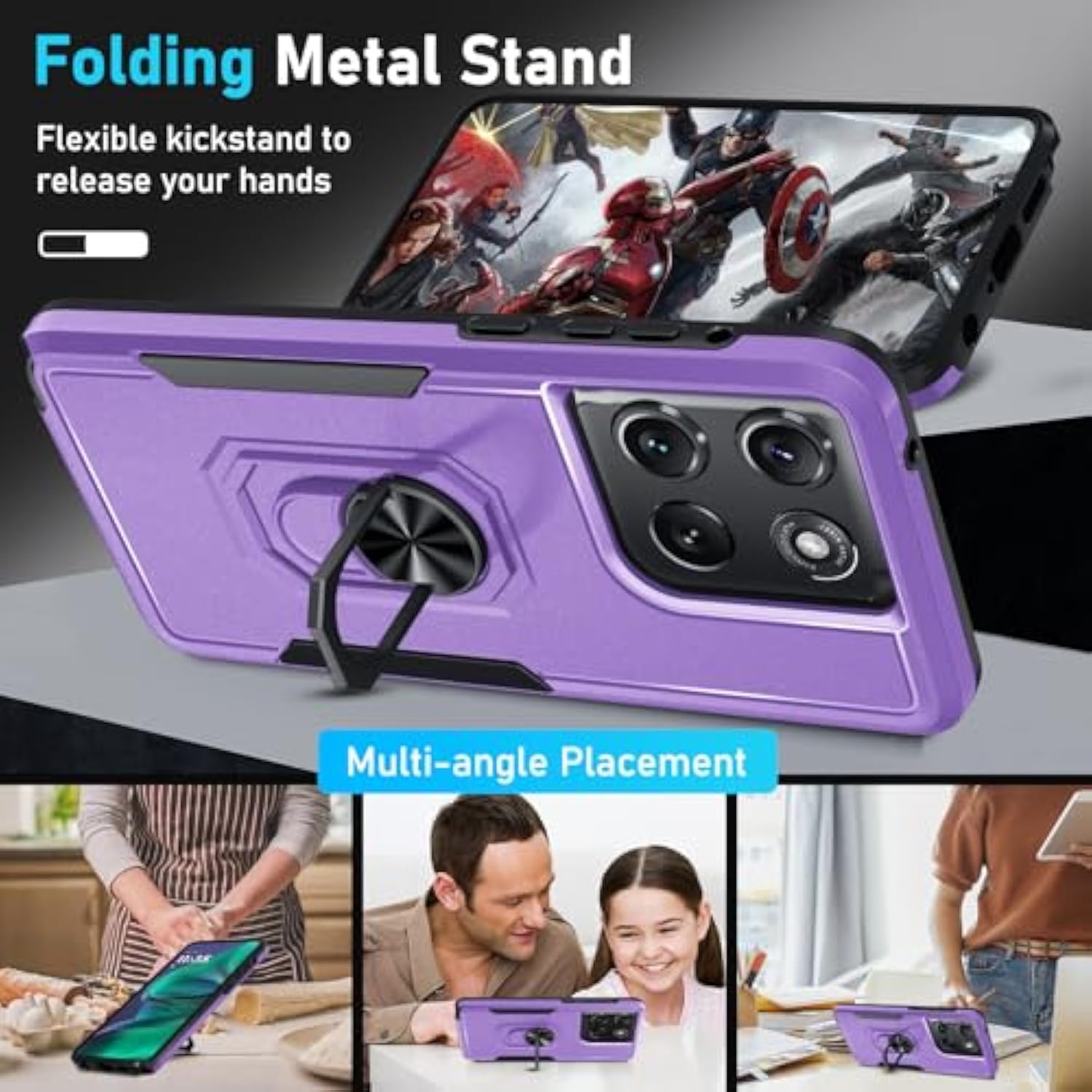 Compatible With Motorola Moto G Stylus 5G 2025 Case With Screen Protector,Heavy Duty Shockproof Full Body Protective Cover Built In Rotatable Metal Ring Holder Kickstand,Lavender