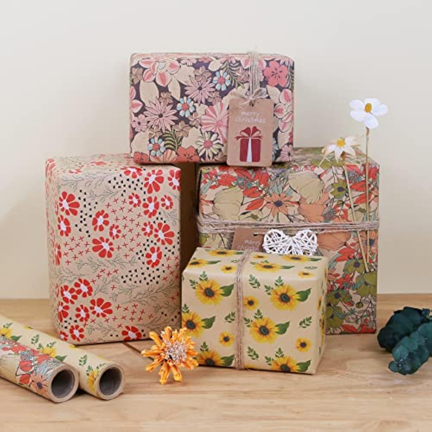 Kraft Floral Wrapping Paper Bundle, Vintage Spring Flowers Rose Gift Wrap Paper For Wedding Bridal Shower Birthday, 3 Rolls 17 In X 10 Ft Per Roll