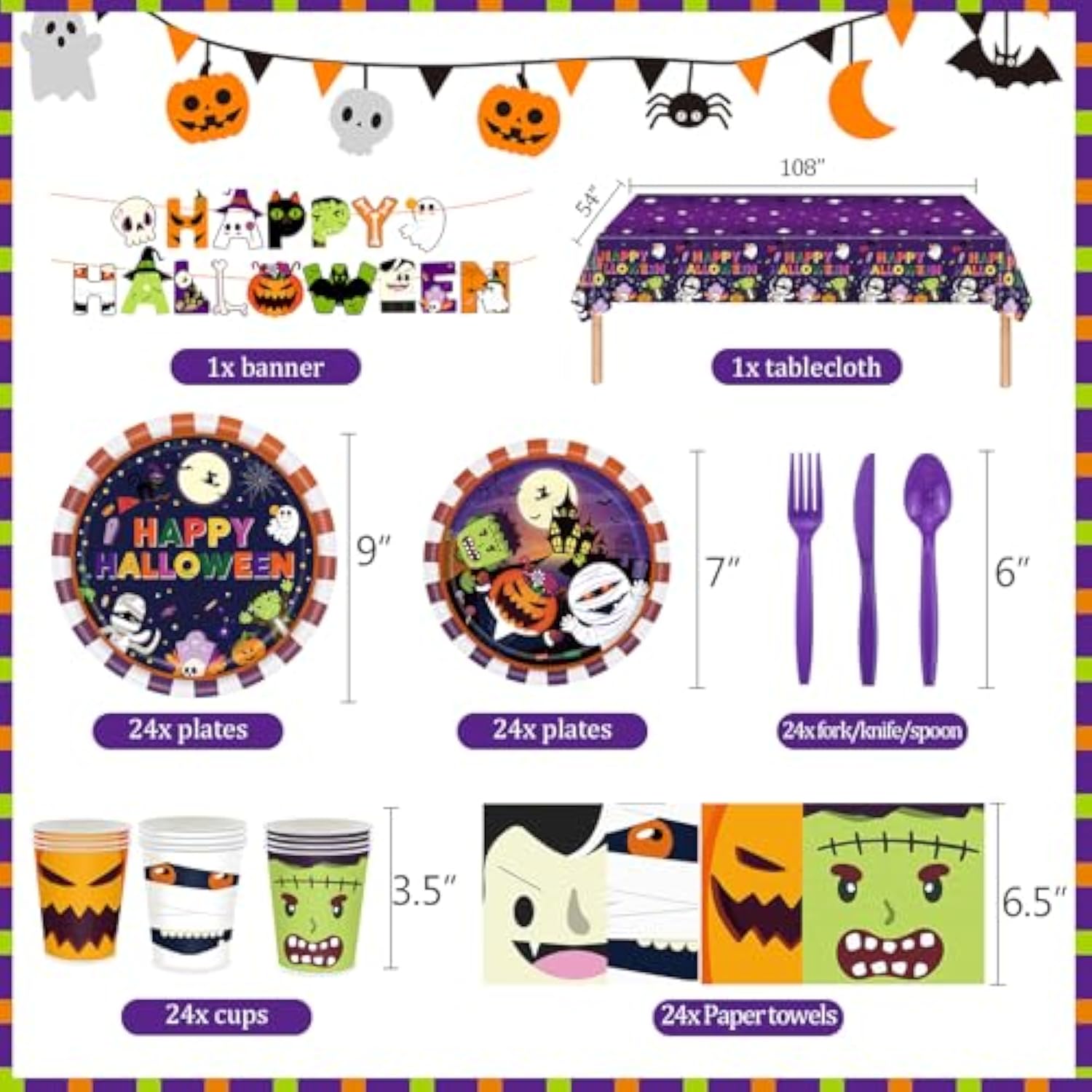 170pcs Halloween Party Decorations Tableware Plates Napkins Cups Cutlery Banner Serves 24