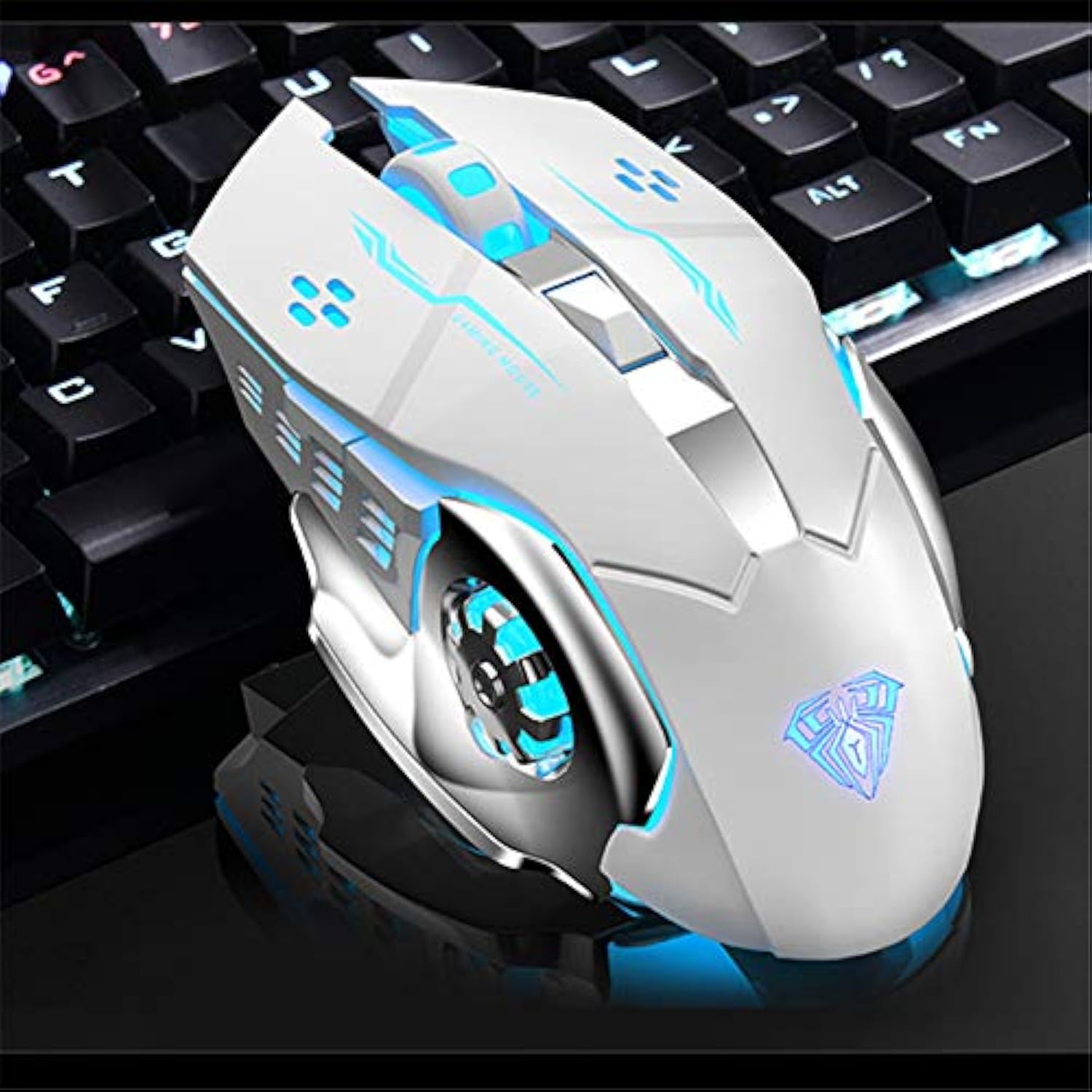 AULA SC100 Silent White Wireless Mouse Rechargeable, RGB LED Backlit, DPI Adjustable, 2.4G Wireless Optical Computer Gaming Mice with USB Receiver, Punk Cool Mouse for Office/Games