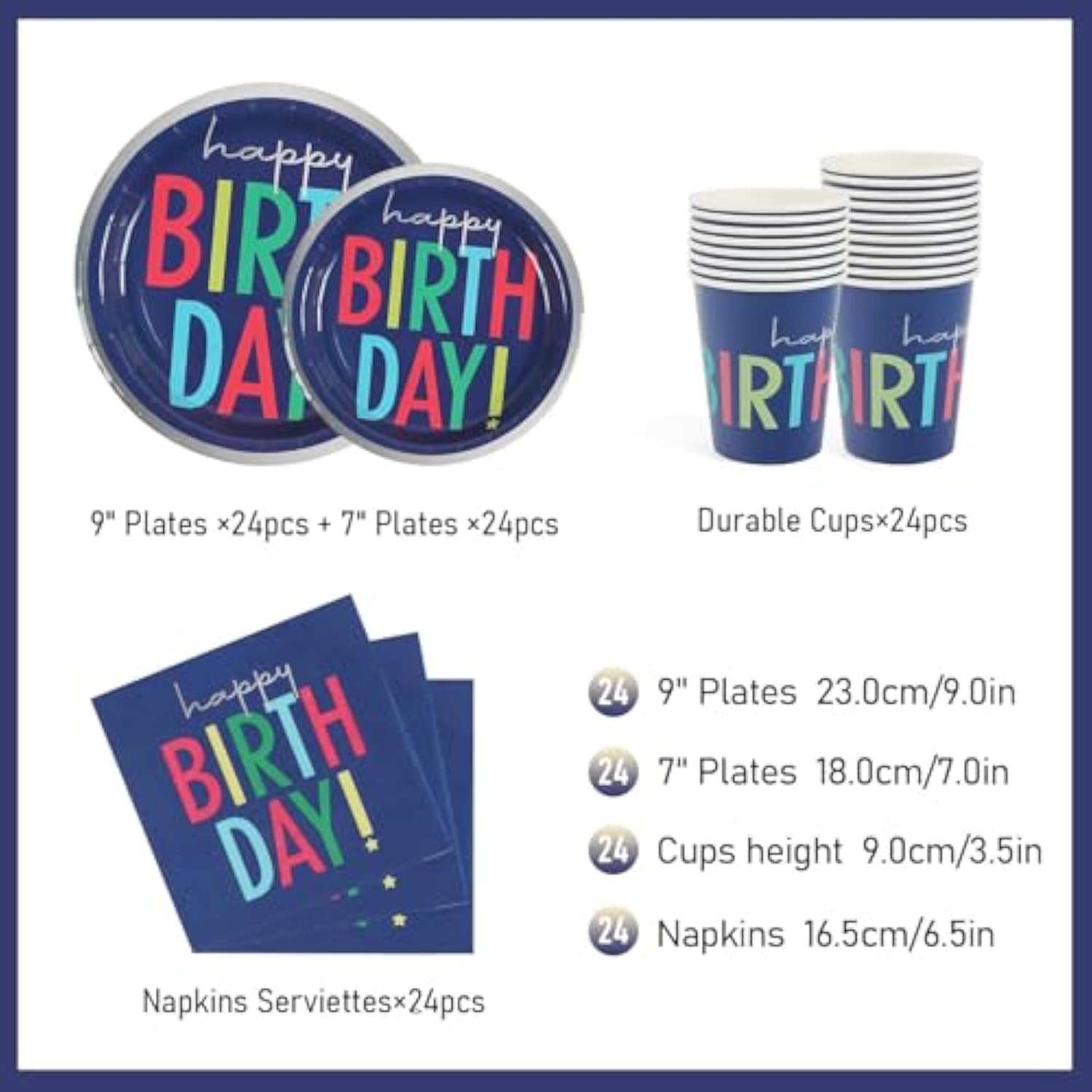 96 Pcs Birthday Plates And Cups And Napkins Party Supplies, Blue Happy Birthday Party Paper Plates And Napkins Sets For Kids, Serve For 24 Guests, Blue, Classic