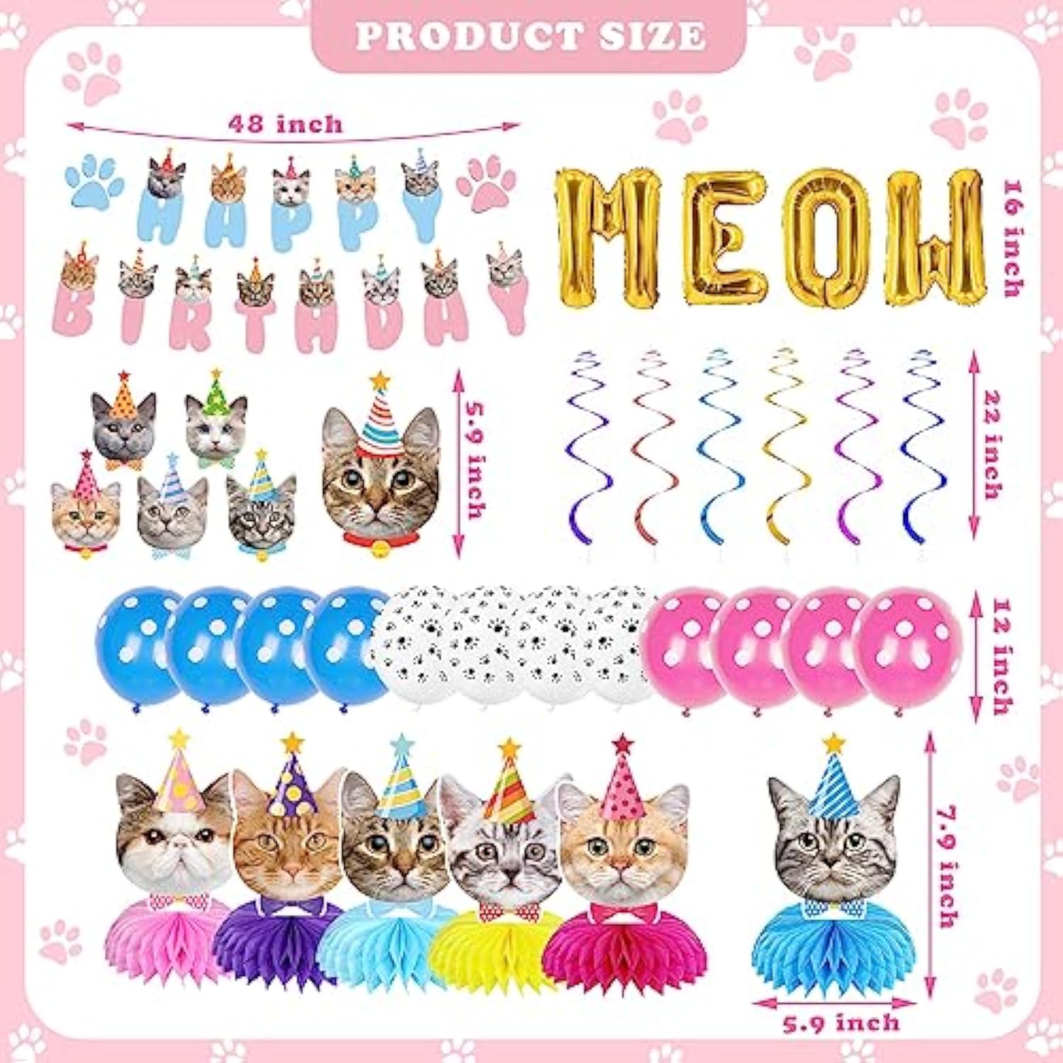 Cat Birthday Party Supplies Party Decorations Includes 1 Birthday Banner, 6 Honeycomb Centerpieces, 6 Hanging Swirls With 6 Cat Cutouts, Meow Letter Balloons And 12 Balloons