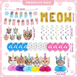 Cat Birthday Party Supplies Party Decorations Includes 1 Birthday Banner, 6 Honeycomb Centerpieces, 6 Hanging Swirls With 6 Cat Cutouts, Meow Letter Balloons And 12 Balloons