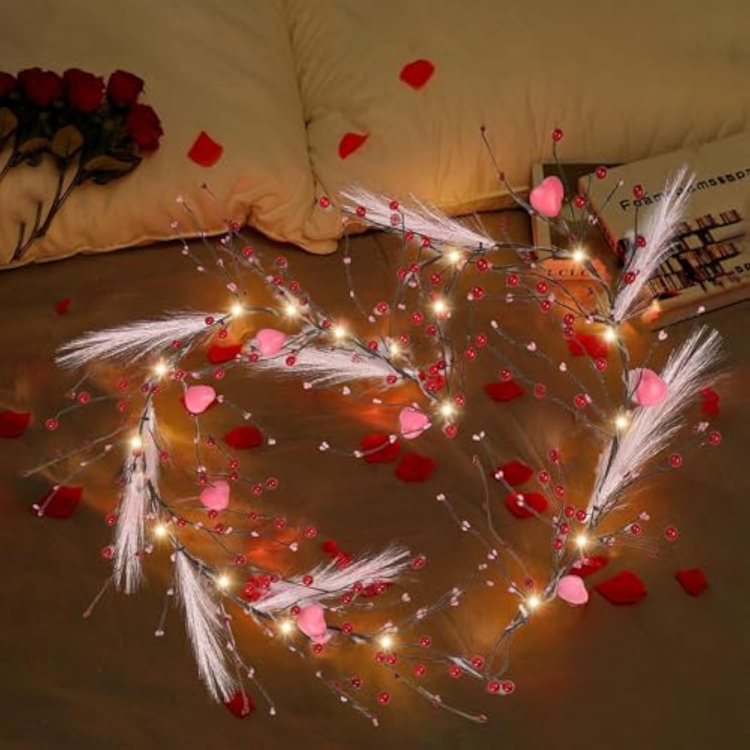 Valentines Garland, 6 Ft Lighted Garlands For Mantle With Heart Lights Pink Feather Red Berry, Pre-Lit Valentine Decorations For Fireplace Indoor Outdoor Home Table Party Wedding