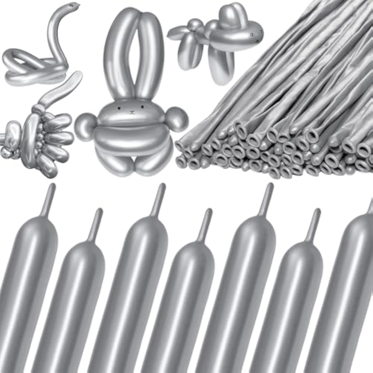 260 Metallic Silver Long Balloons 100pcs for Garland Twisting Party Decor
