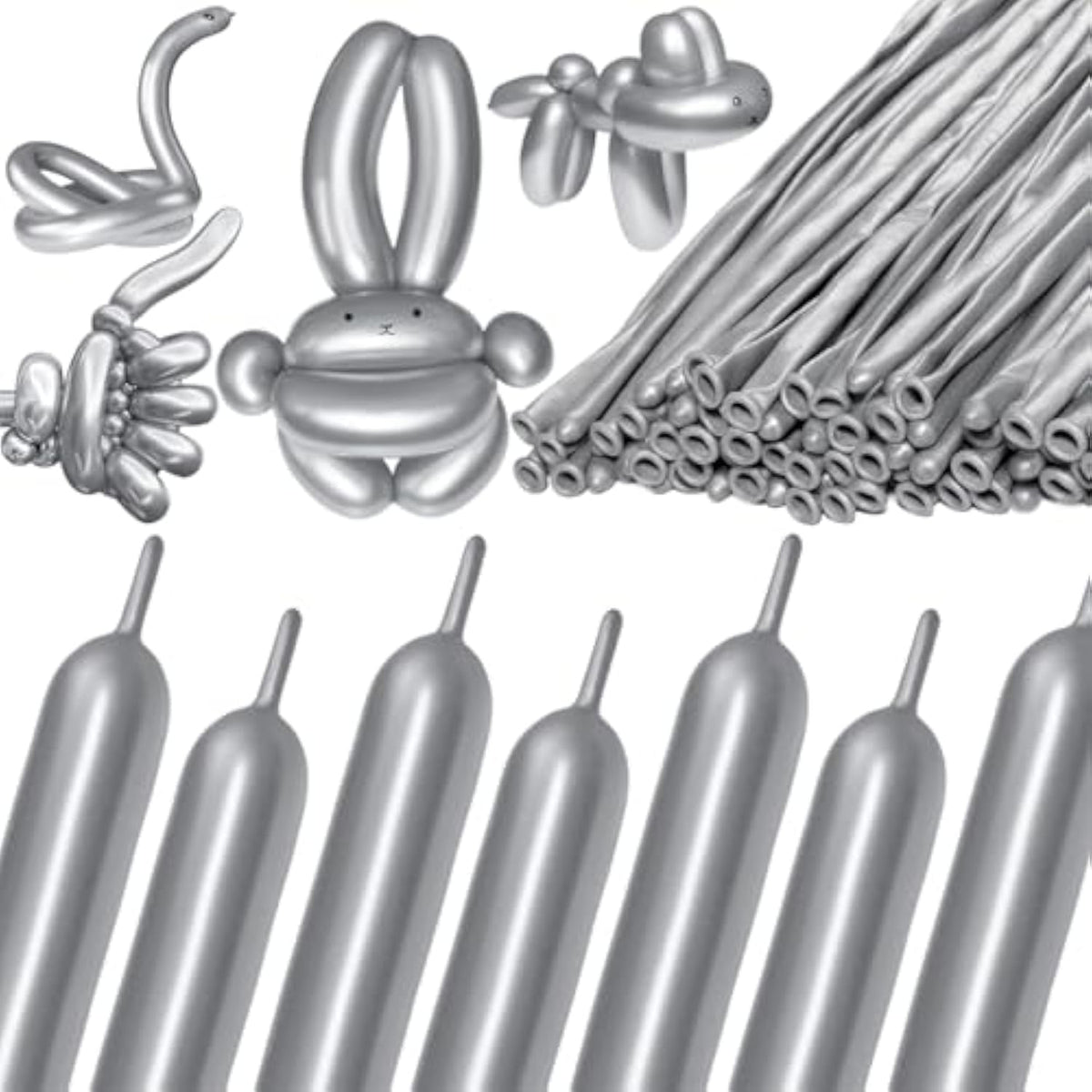 260 Metallic Silver Long Balloons 100pcs for Garland Twisting Party Decor