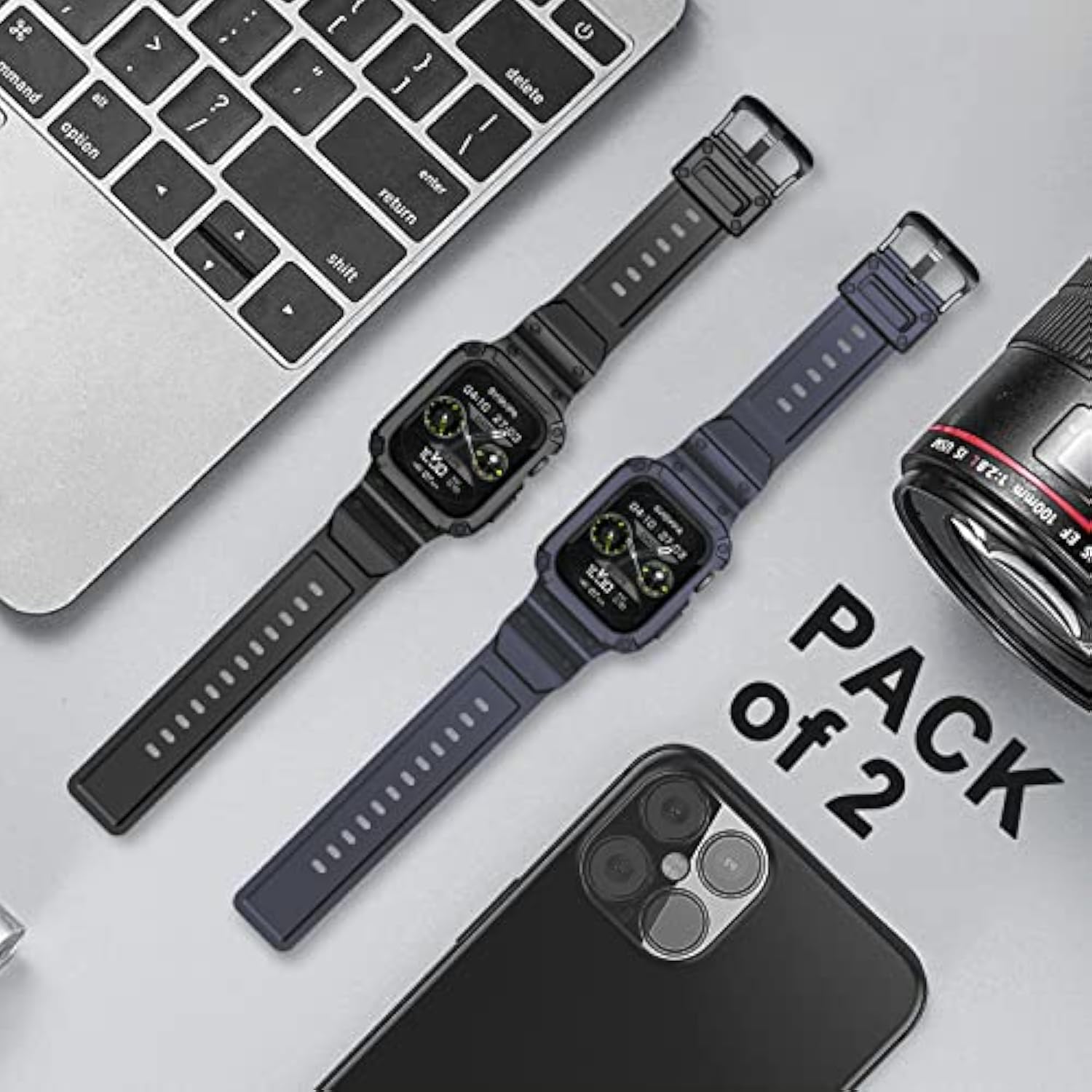 [2 Pack] Band With Case Compatible For Apple Watch 41Mm 40Mm 38Mm Iwatch Series 8 7 Se 6 5 4 3 2 1 Strap, Men Women Sport Strap With Bumper Rugged Shockproof Military Protective, 2 Pack