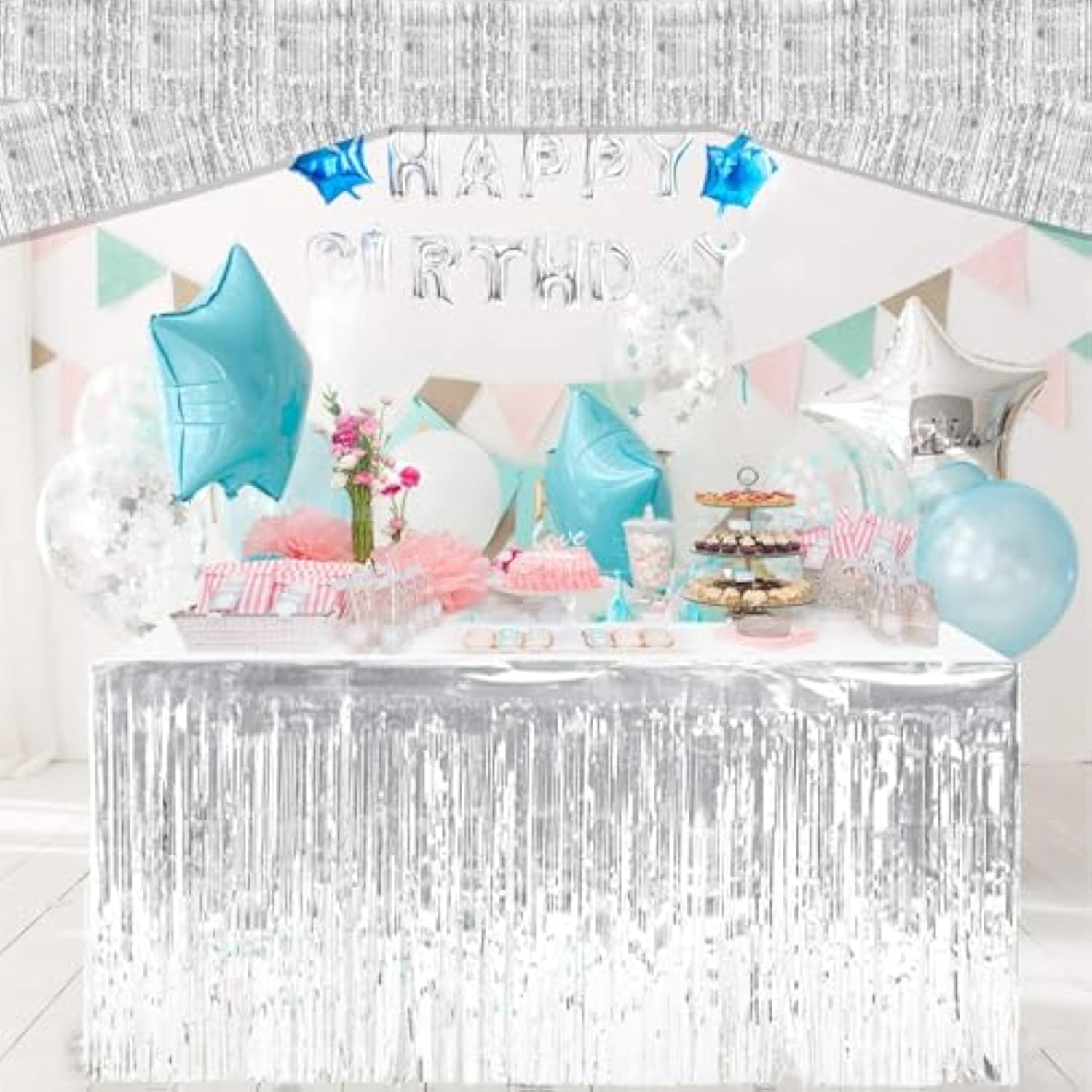 10 Pack 10 Feet Silver Foil Fringe Garland Metallic Tinsel Streamers Banner Wall Hanging Curtain Backdrop For Parade Floats, Bachelorette, Wedding, Birthday, Valentine'S Day Party Decorations