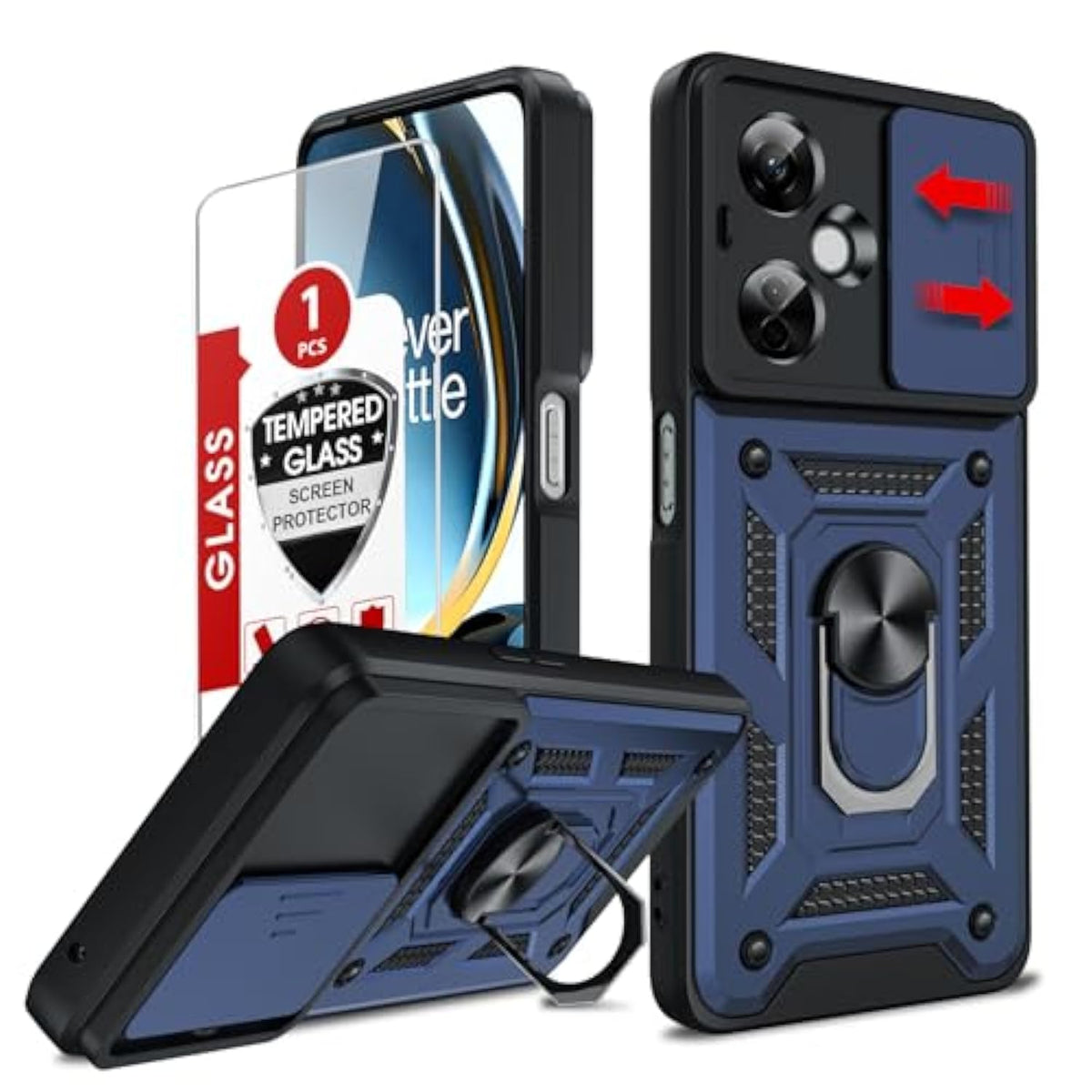 For Oneplus Nord-N30 5G Case: With Slide Camera Cover Screen Protector, Military-Grade Shockproof Protective Magnetic Ring Stand One Plus Nord N30 5G Cell Unlocked Phone Covers Funda Fara, Blue