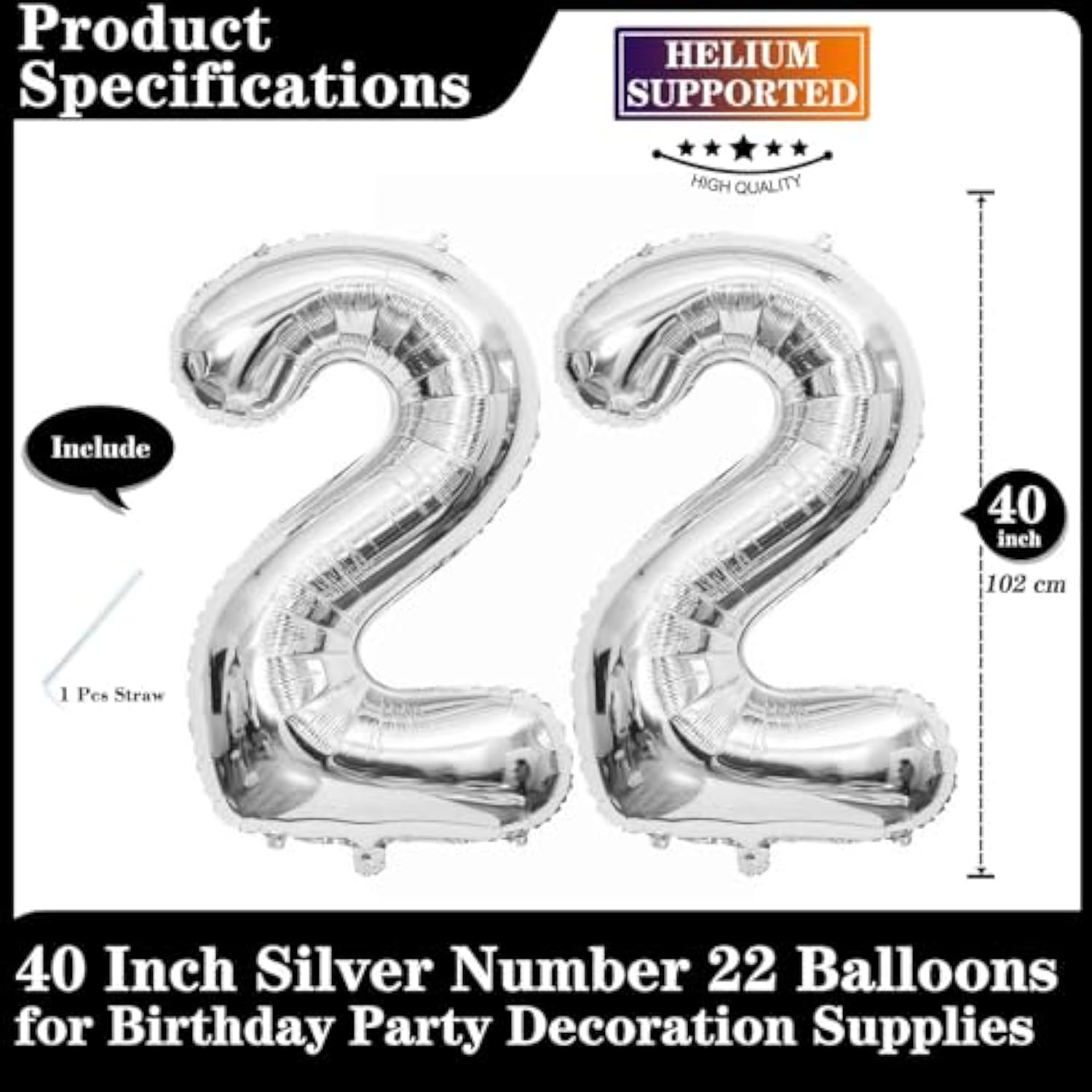 Silver 22 Number Balloons, 40 Inch Giant Number 22 Balloons Foil Mylar Helium Silver Number Balloons For 22Th Birthday Party Supplies Anniversary Event Celebration Decorations