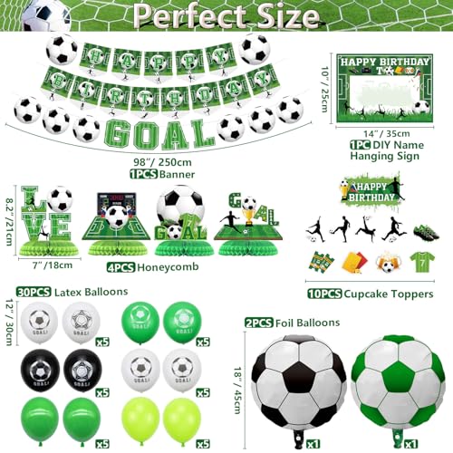 Soccer Birthday Party Supplies - Including HAPPY BIRTHDAY Banner, Soccer Element Bunting, Centerpieces, DIY Name Hanging Sign, Cake Toppers, Balloons, for Soccer Party Decorations