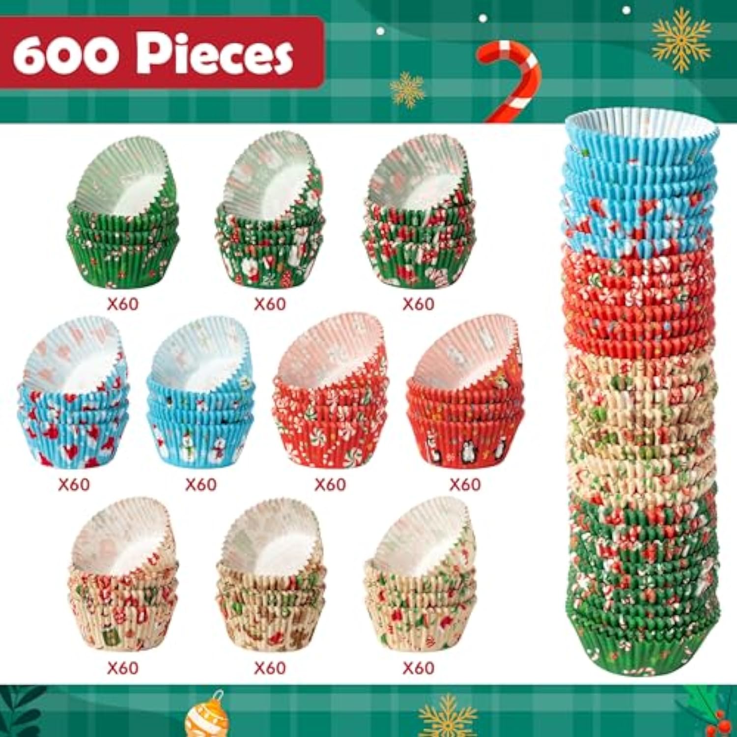 Christmas Mini Cupcake Liners - 600Pcs Merry Christmas Candy Baking Cups Muffin Cupcake Wrappers, Xmas Tree Santa Claus Snowman Chocolate Cake Wrap Making Supplies For Xmas Eve Party(10 Styles)