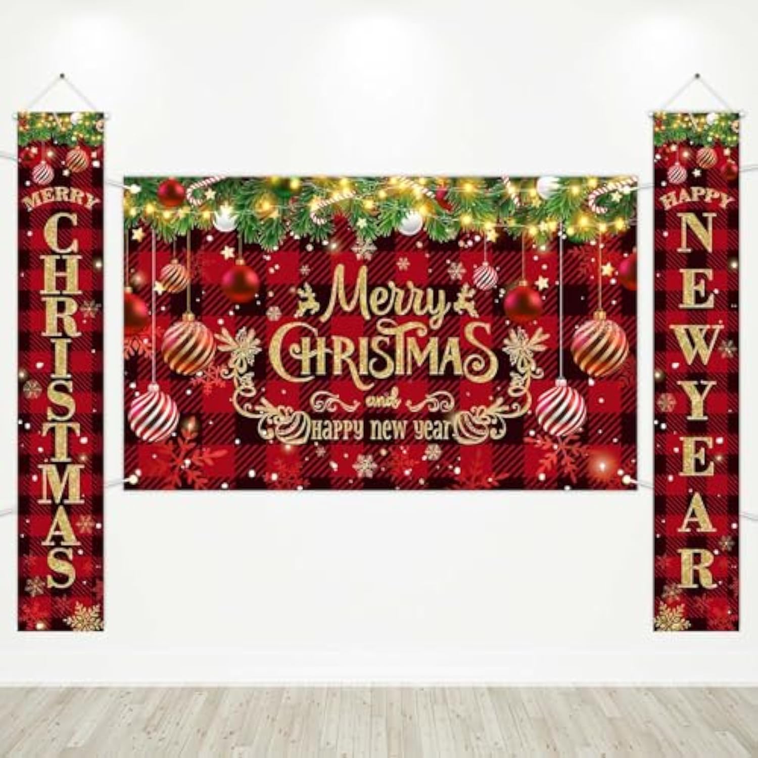 Christmas Decorations Red Black Buffalo Merry Christmas Banner 3Pcs Xmas Happy New Year Banners Holiday Party Decorations Indoor Outdoor