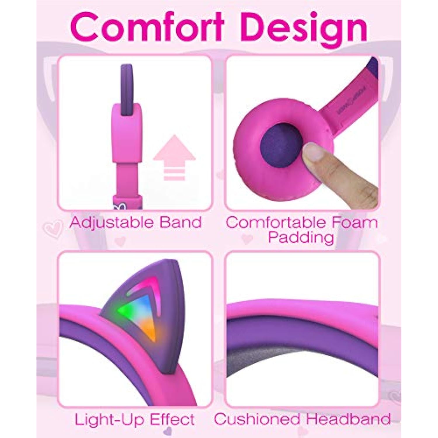 FosPower Kids Headphones with LED Cat Ears (85dB Safe Volume Limit), 3.5mm Soft On-Ear Wired Headphones with Tangle-Free Laced Cables for iPad/Tablet/School/Travel - Hot Pink/Purple