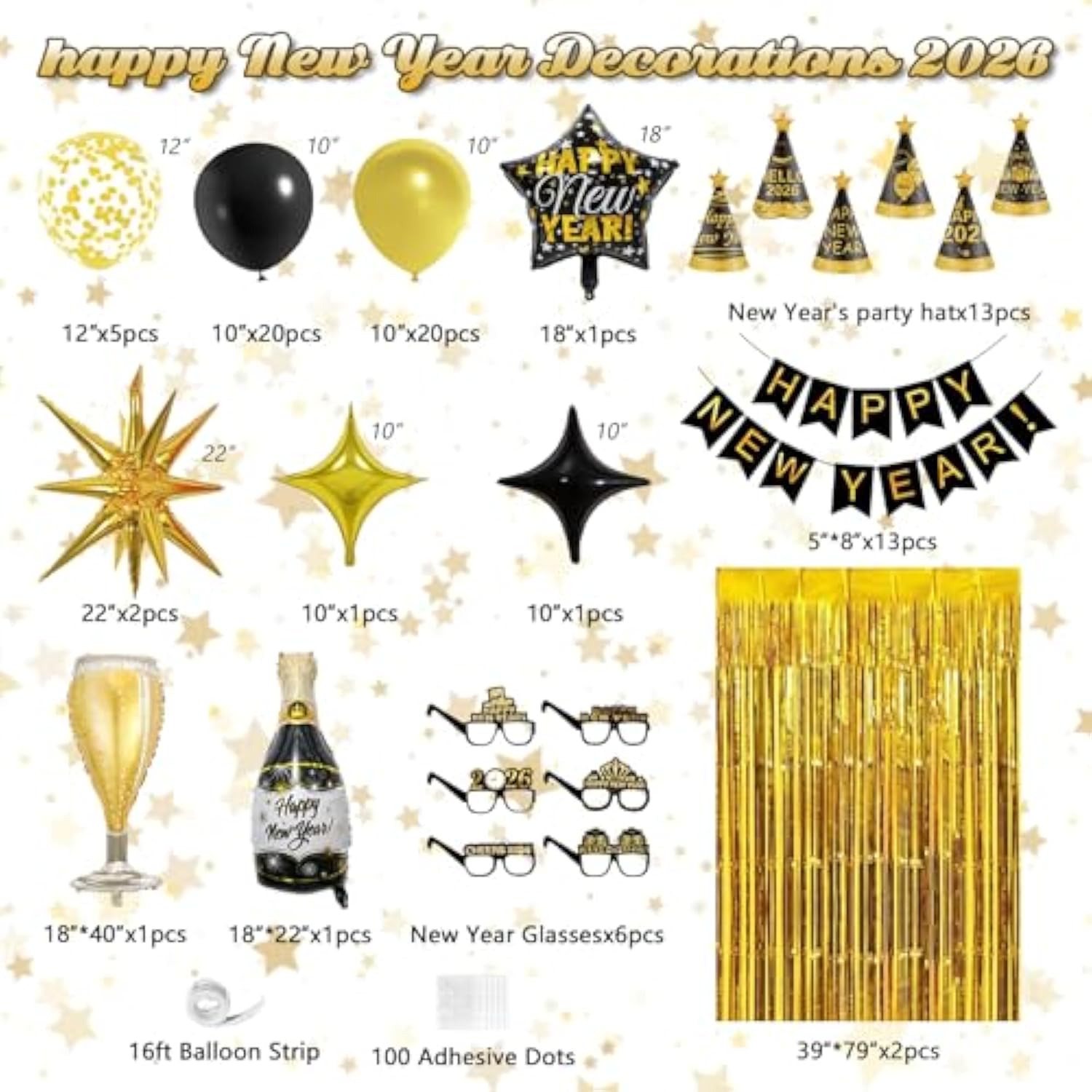 New Year 2026 Party Decorations Glasses Hats Balloons Banner Fringe Backdrop