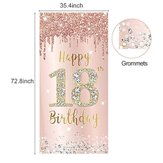 Happy 18Th Birthday Door Banner Backdrop Decorations For Girls, Pink R